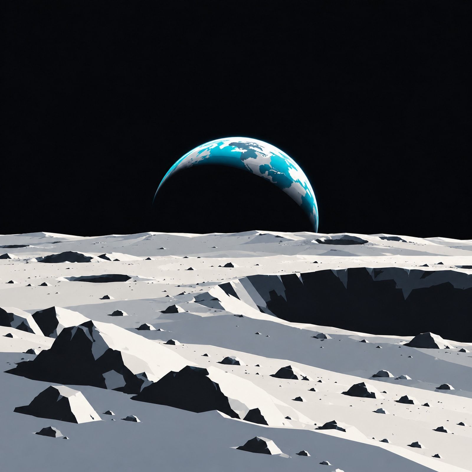 KI-Illustration: Eine türkisblaue Erdsichel steht hinter einem grauen, verkraterten Mondhorizont. Symbolische Szene, keine Rekonstruktion einer bestimmten Aufnahme.
