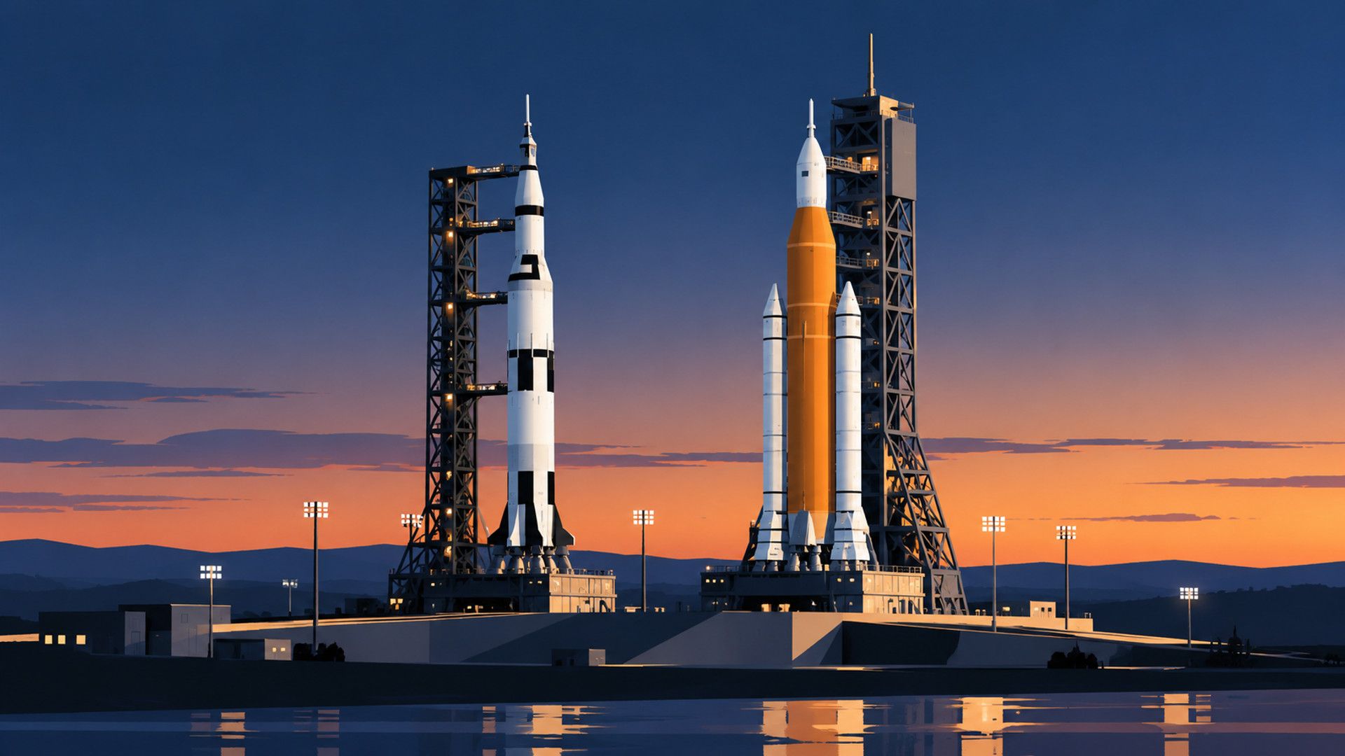 KI-Illustration im technisch-flächigen Stil: Eine dreistufige Mondrakete und eine moderne Rakete mit zwei seitlichen Boostern stehen nebeneinander auf Startanlagen.