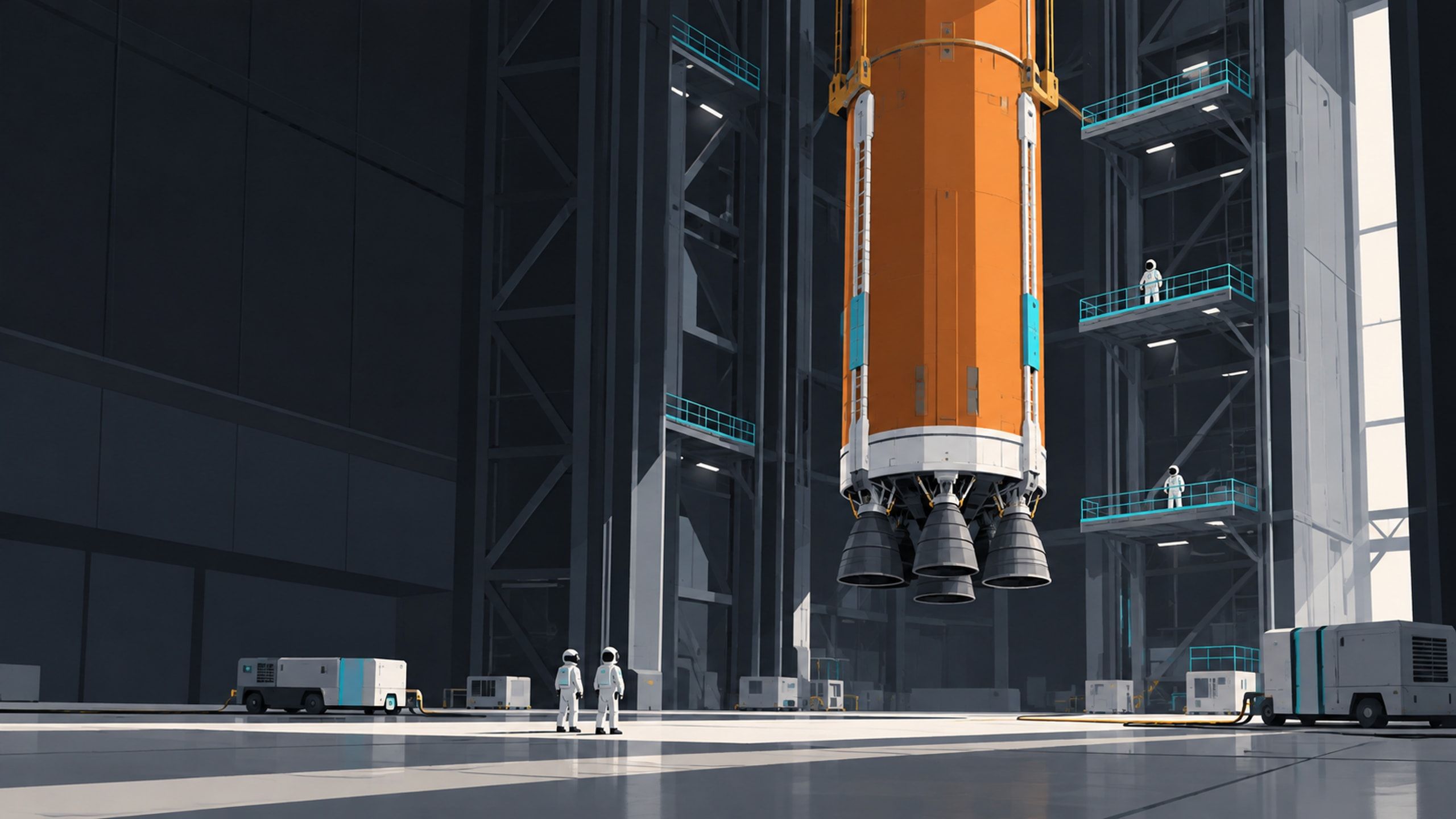 KI-Illustration: Eine orangefarbene Raketenkernstufe mit vier Triebwerksdüsen hängt in einer hohen Montagehalle mit türkisen Geländern. Symbolbild, kein Nachweis eines konkreten Montageereignisses.