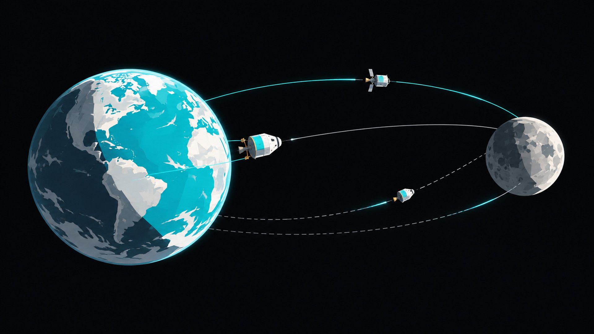 KI-Illustration im technisch-flächigen Stil: Erde und Mond sind durch mehrere symbolische Flugbahnen mit kleinen Raumfahrzeugen verbunden.