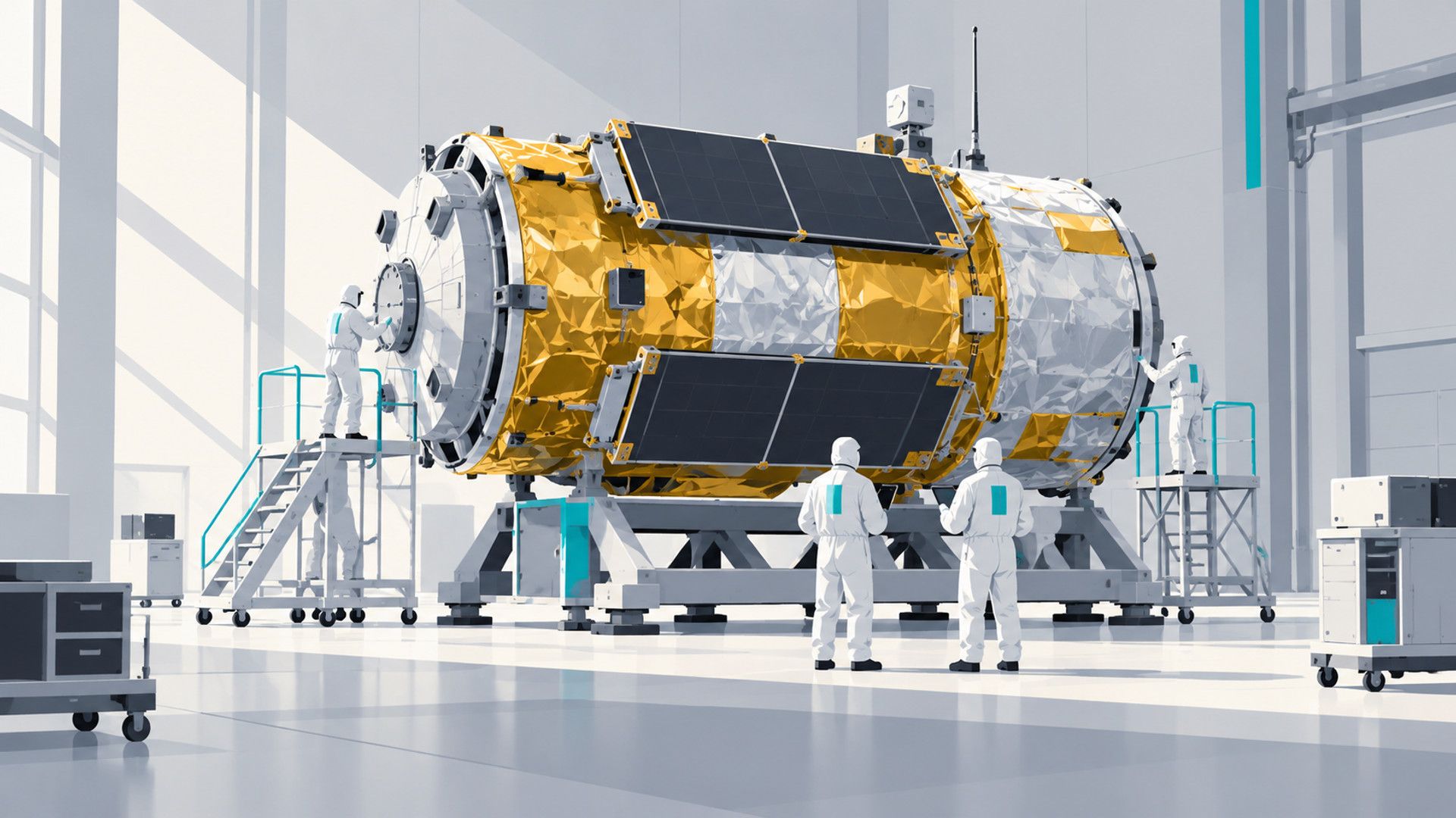 KI-Illustration im technisch-flächigen Stil: Menschen in Reinraumanzügen arbeiten an einem zylindrischen Servicemodul mit Folienisolierung und Solarflügeln.