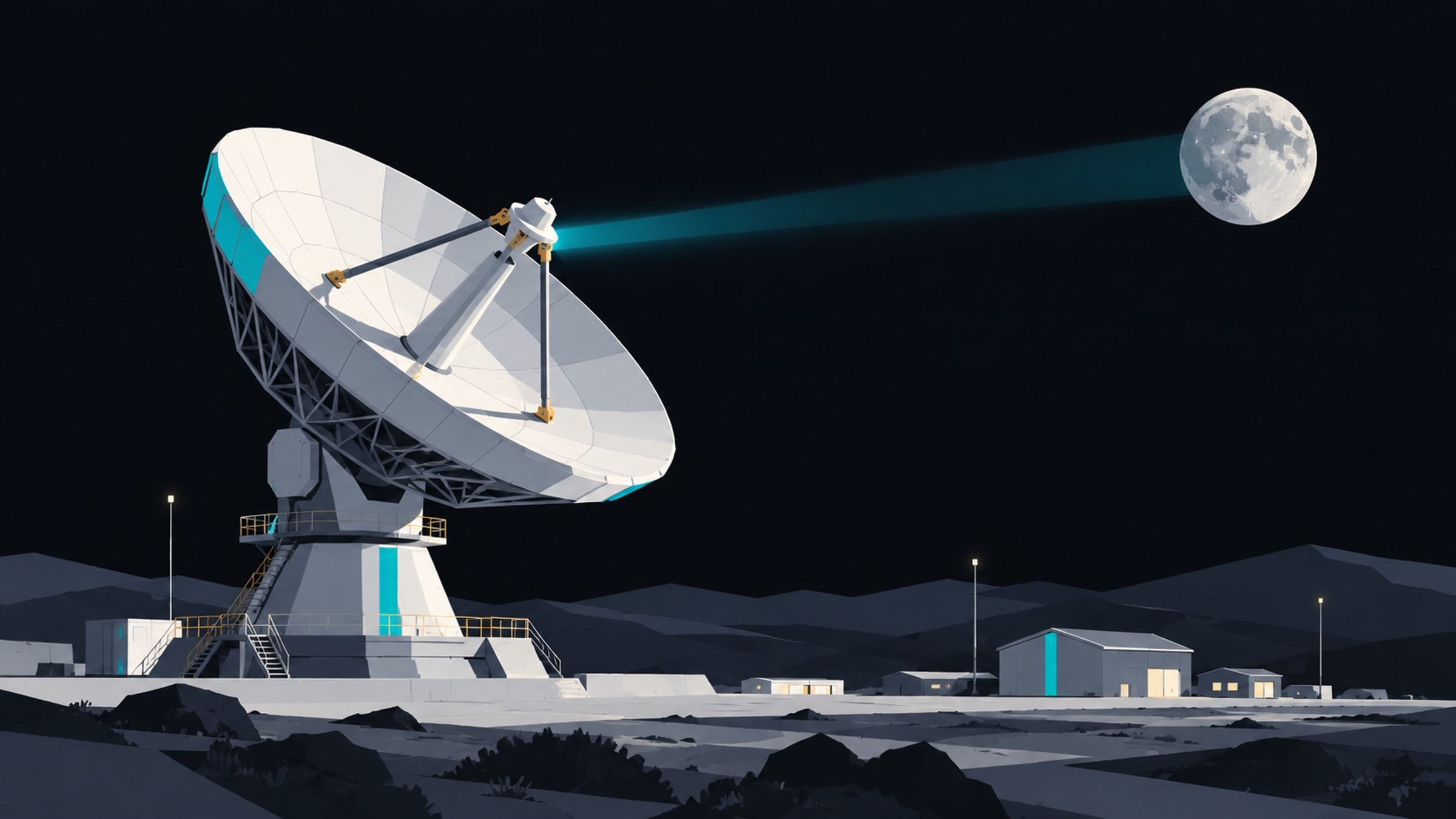 KI-Illustration: Eine große weiße Parabolantenne richtet sich auf den Mond; ein türkiser Lichtkegel symbolisiert die Funkverbindung, die in Wirklichkeit nicht sichtbar ist.