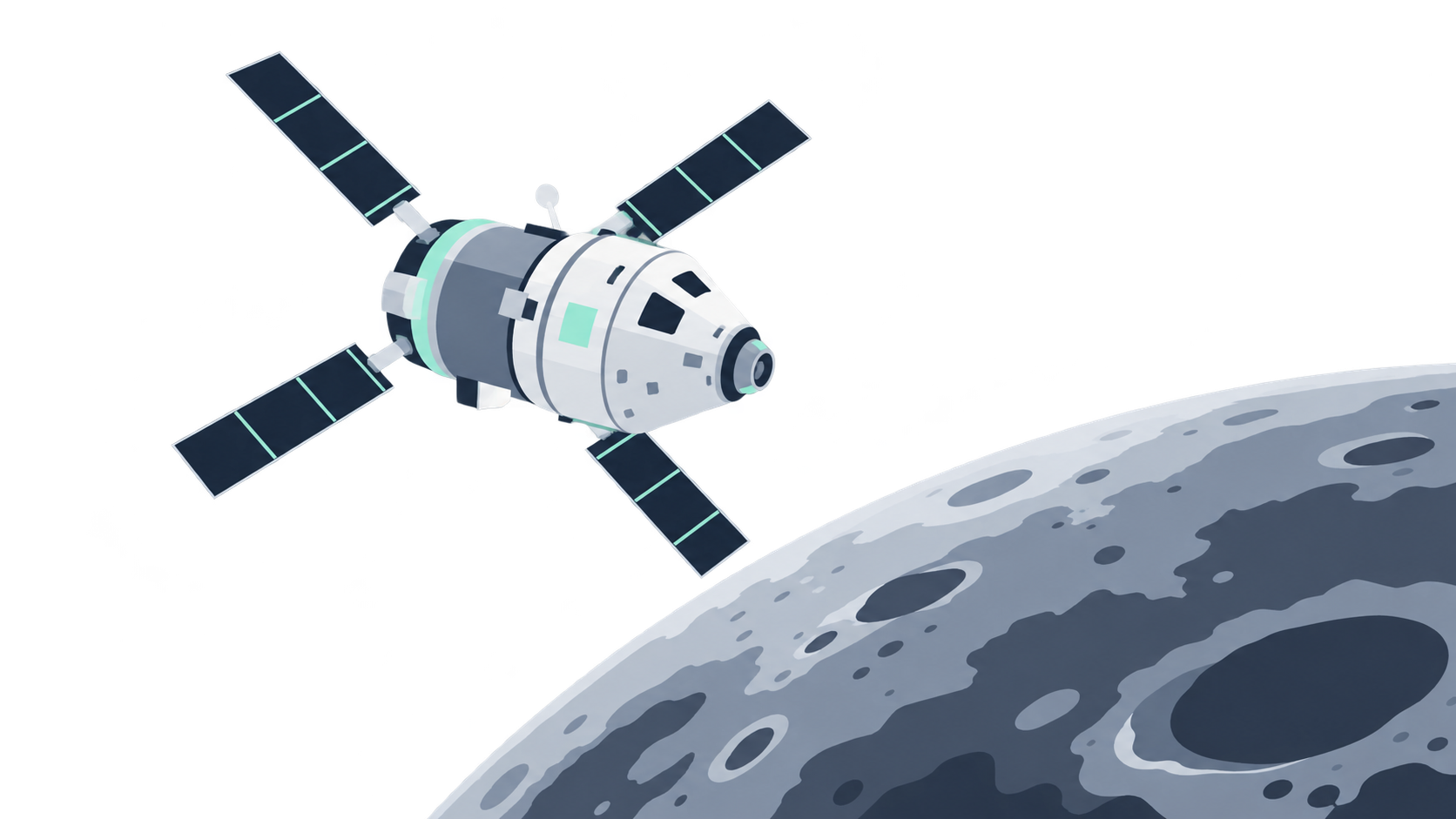KI-Illustration: Orion mit vier Solarflügeln vor dem vereinfachten grauen Mondrand; Symbolbild für Artemis I.
