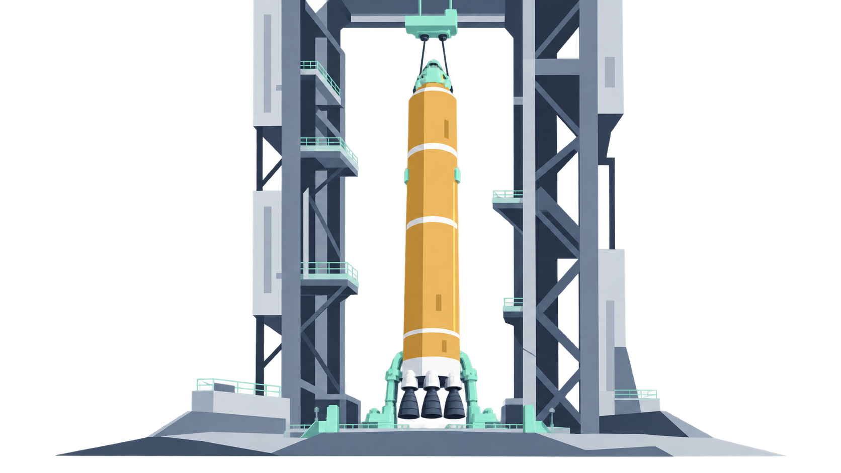 KI-Illustration: Eine Raketen-Kernstufe mit vier Triebwerken an einem Hebegestell in einer schematischen Montagehalle.