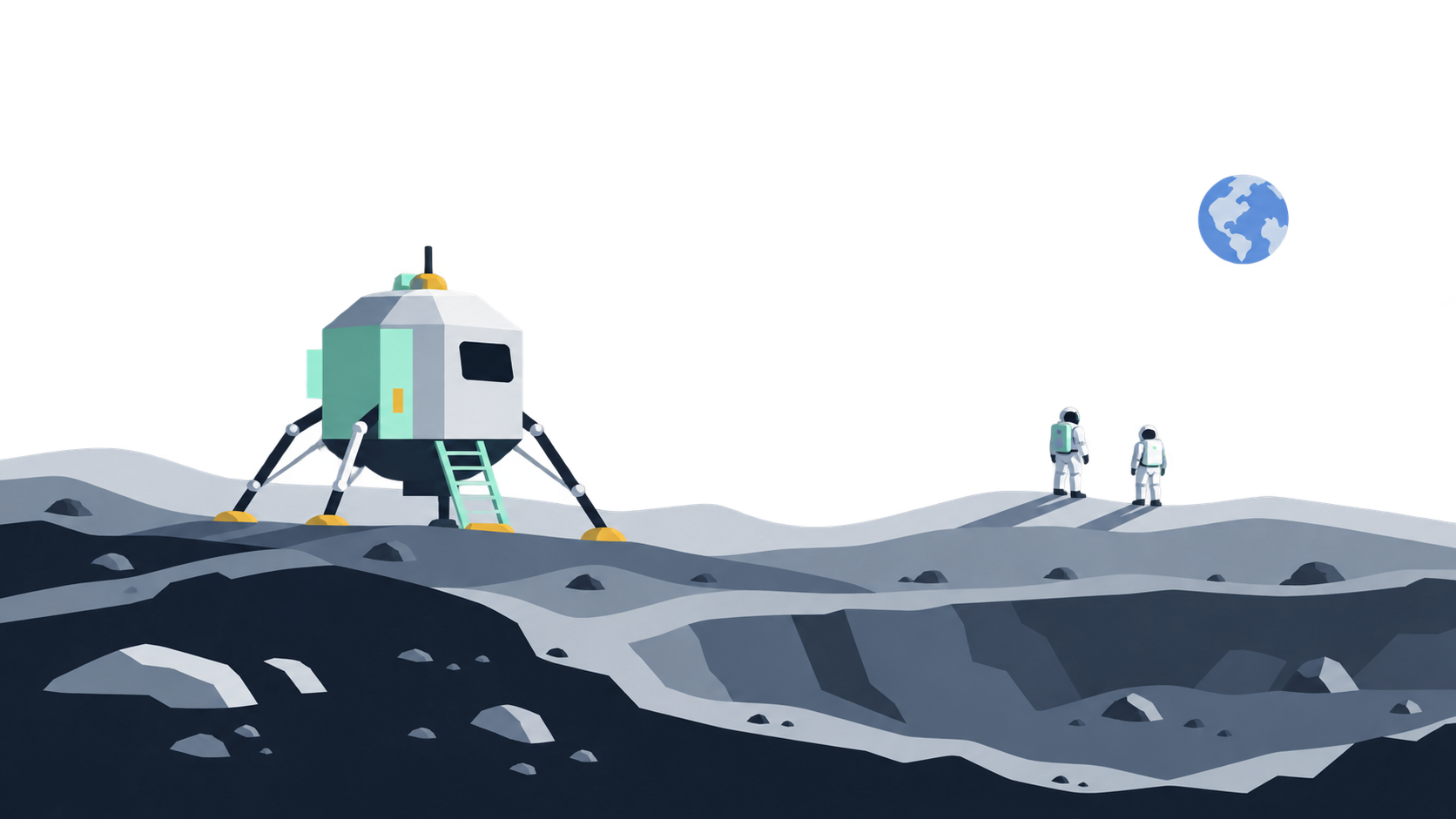 KI-Illustration: Ein schematischer Lander und zwei kleine Astronauten an gestaffelten Schattenkratern; Konzept einer künftigen Landung.