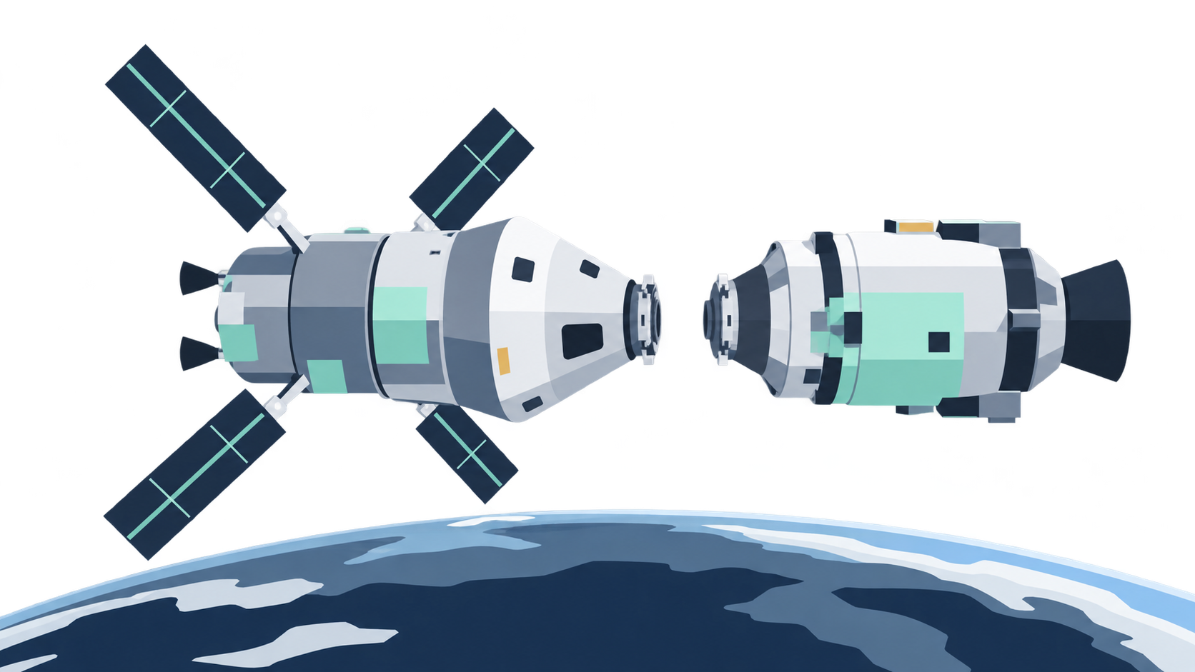 KI-Illustration: Orion nähert sich einem schematischen Testlander über dem Erdrand; symbolische Darstellung eines Kopplungsversuchs.