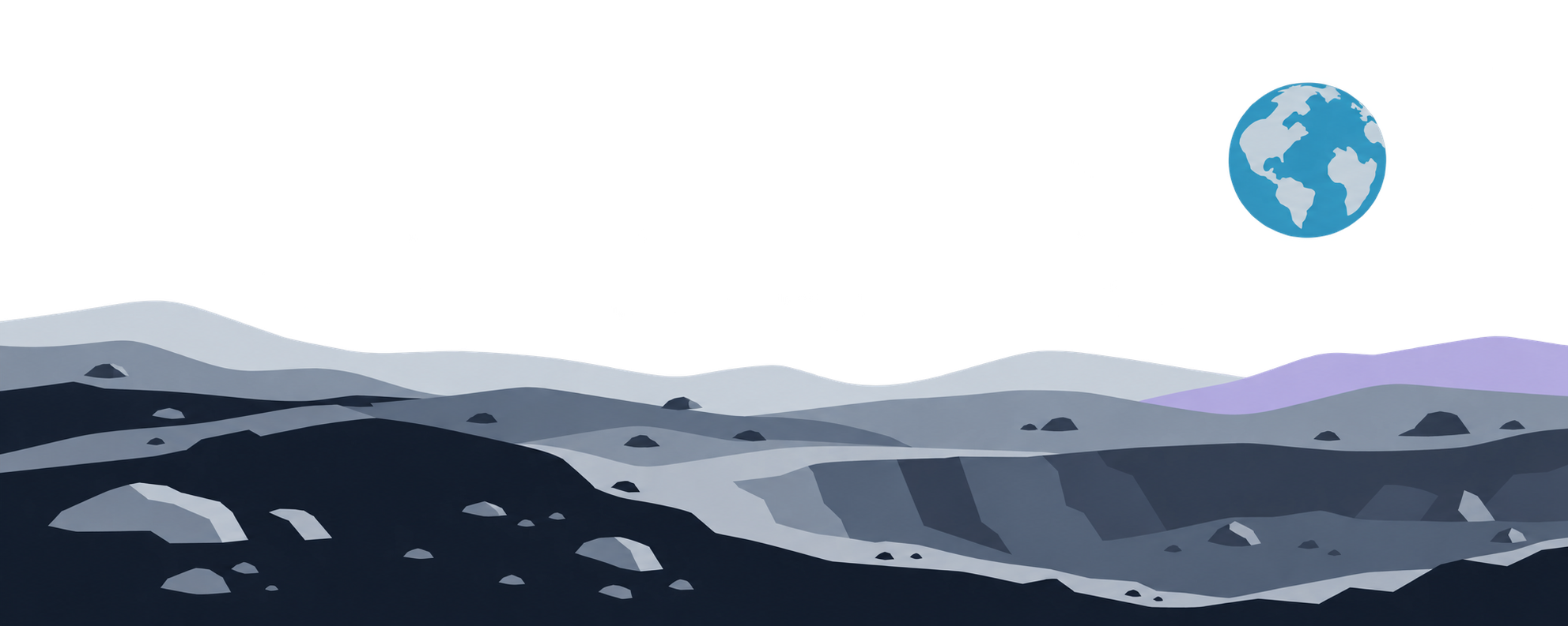 KI-Illustration: Die Erde über gestaffelten Mondhügeln, mit dunklem Vordergrund und freiem Himmel.