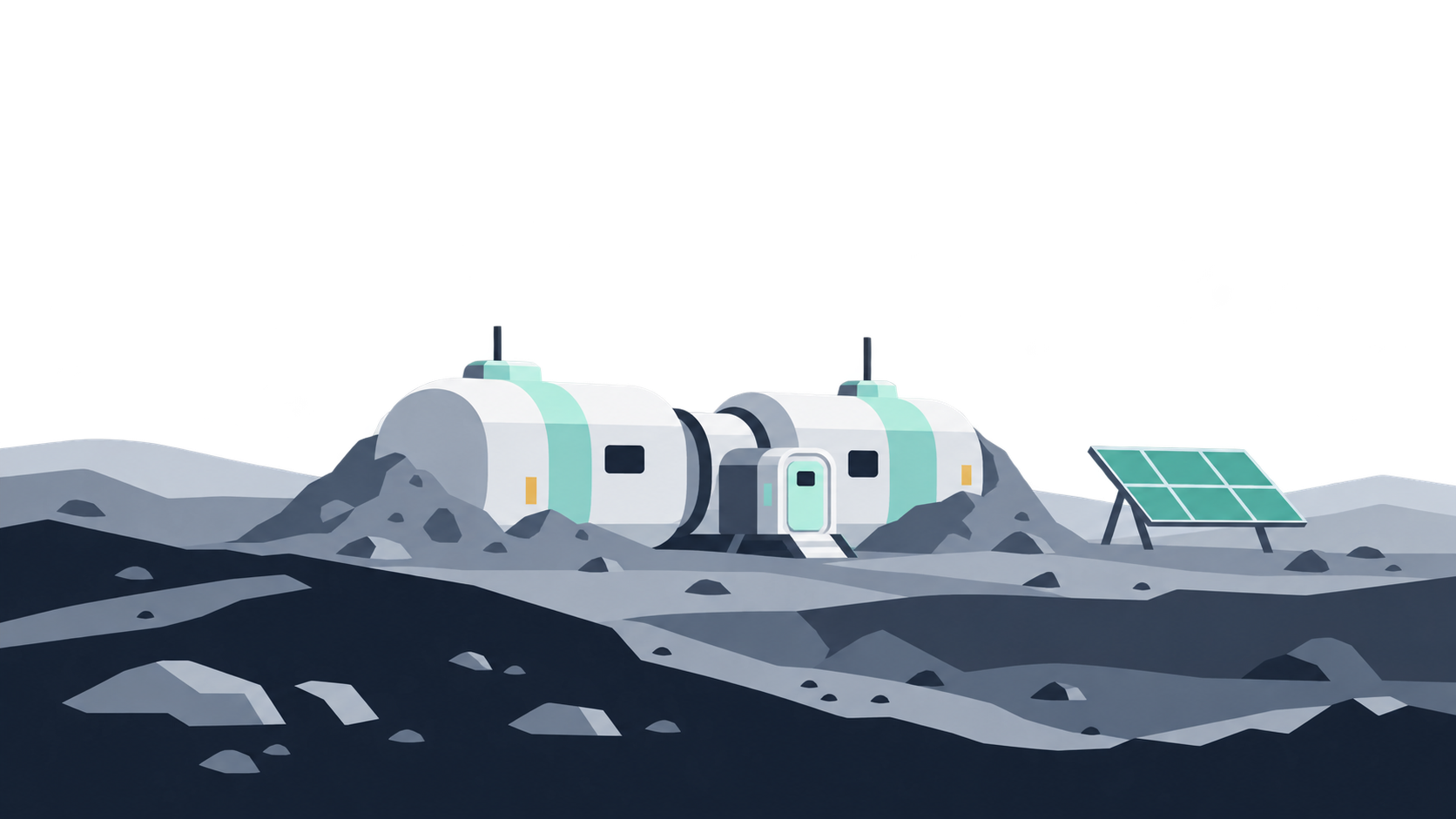 KI-Illustration: Konzept einer kleinen Mondunterkunft mit zwei teilweise von Regolith bedeckten Modulen und einer Solaranlage.