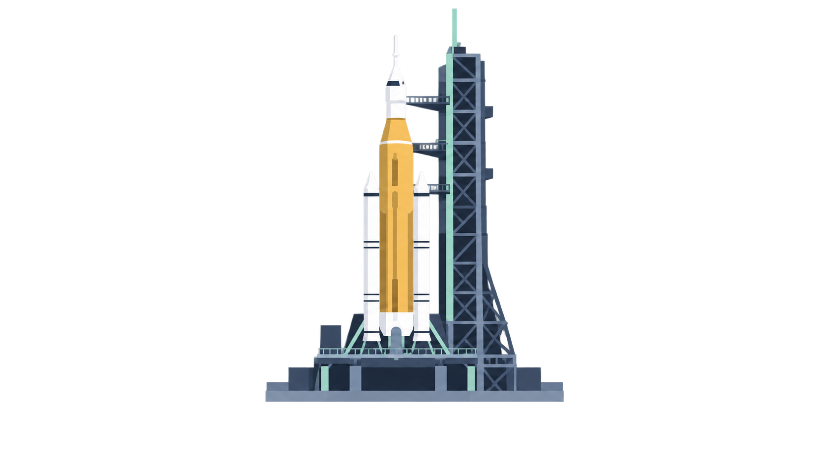 KI-Illustration: Eine schematische SLS mit zwei seitlichen Boostern neben einem reduzierten Startturm.