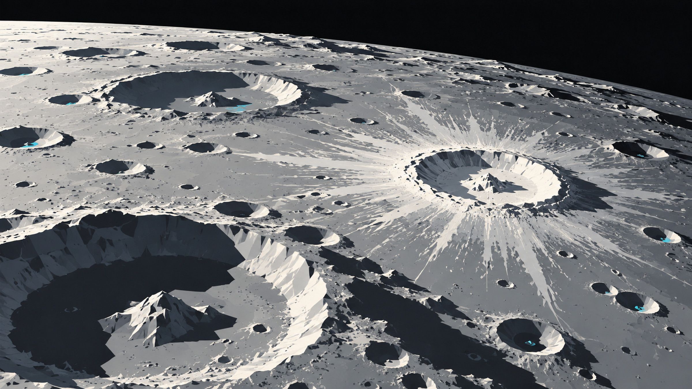 KI-Illustration im technisch-flächigen Stil: Überlappende Mondkrater mit Terrassen, Zentralbergen und hellen Auswurfstrahlen unter flachem Sonnenlicht.