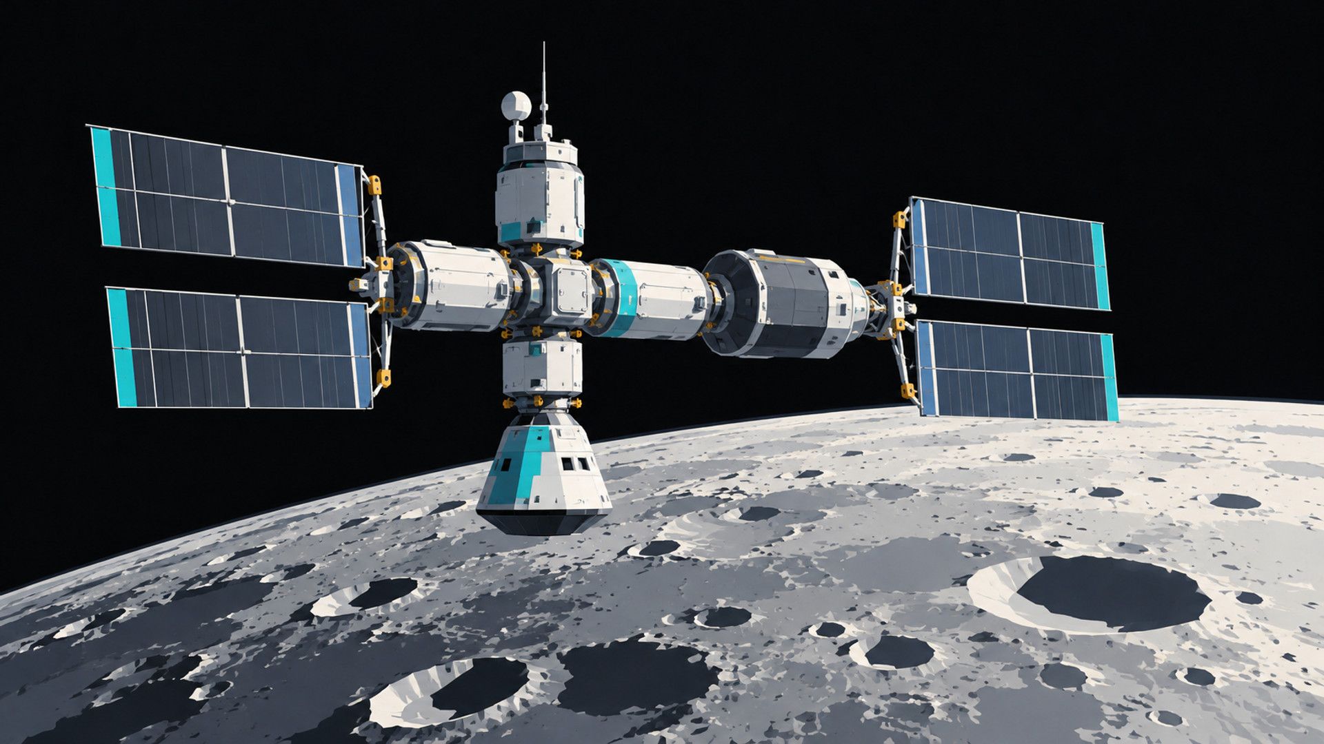 KI-Illustration im technisch-flächigen Stil: Eine kleine modulare Raumstation mit Solarpaneelen und angedockter Kapsel schwebt über dem Mond.