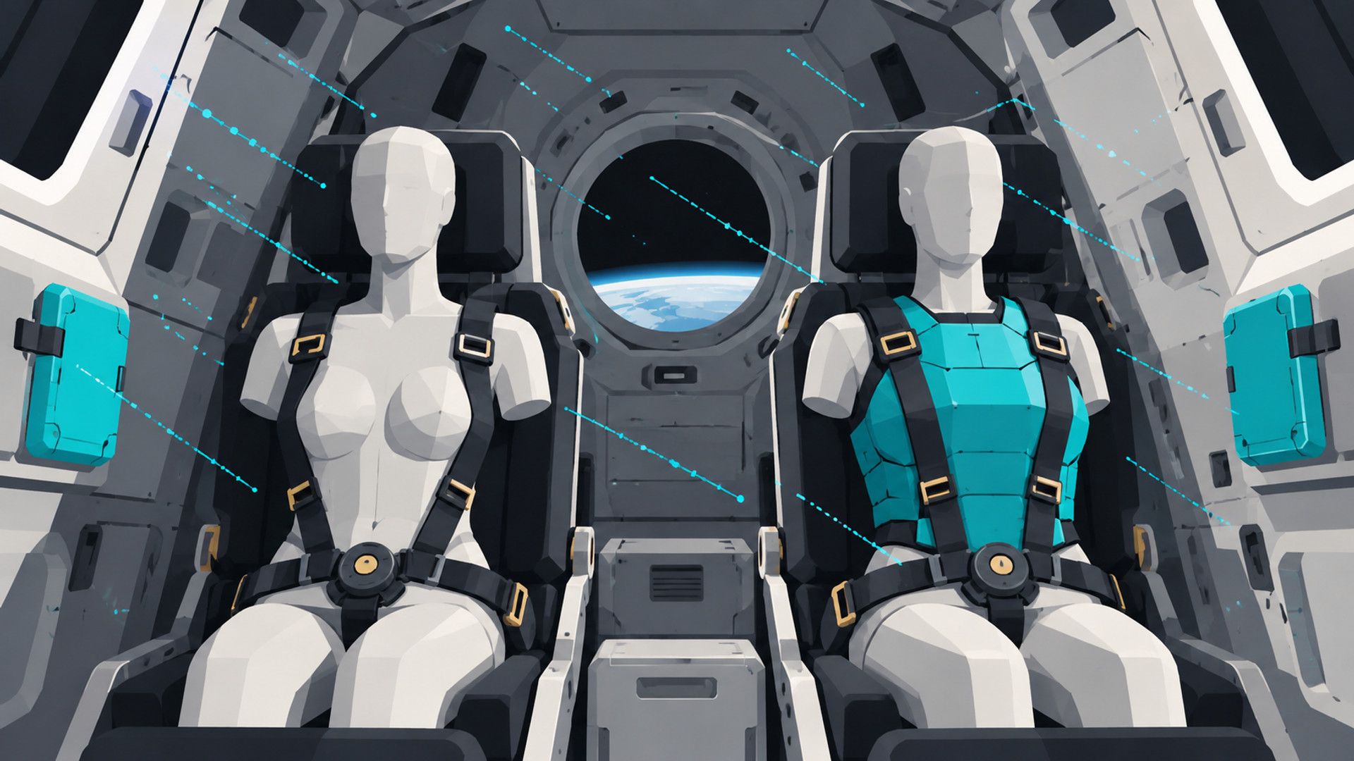 KI-Illustration im technisch-flächigen Stil: Zwei Messphantome sitzen in einer Raumkapsel, eines mit Schutzweste; feine Linien symbolisieren Strahlung.