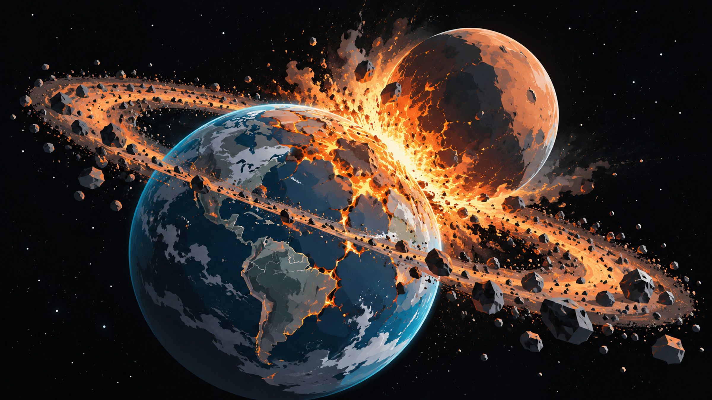 KI-Illustration im technisch-flächigen Stil: Ein Protoplanet trifft die junge Erde; glühendes Gestein bildet einen Bogen aus Trümmern.
