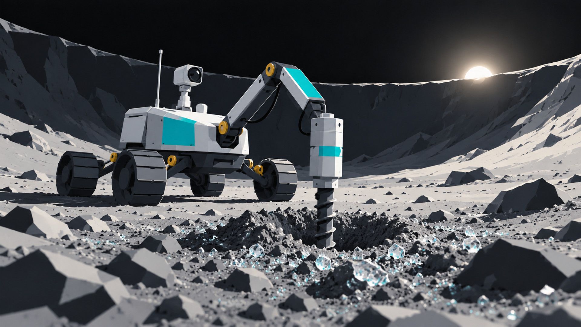 KI-Illustration im technisch-flächigen Stil: Ein Roboterbohrer dringt in Mondregolith ein; daneben sind Eiskristalle in einem verschatteten Krater angedeutet.