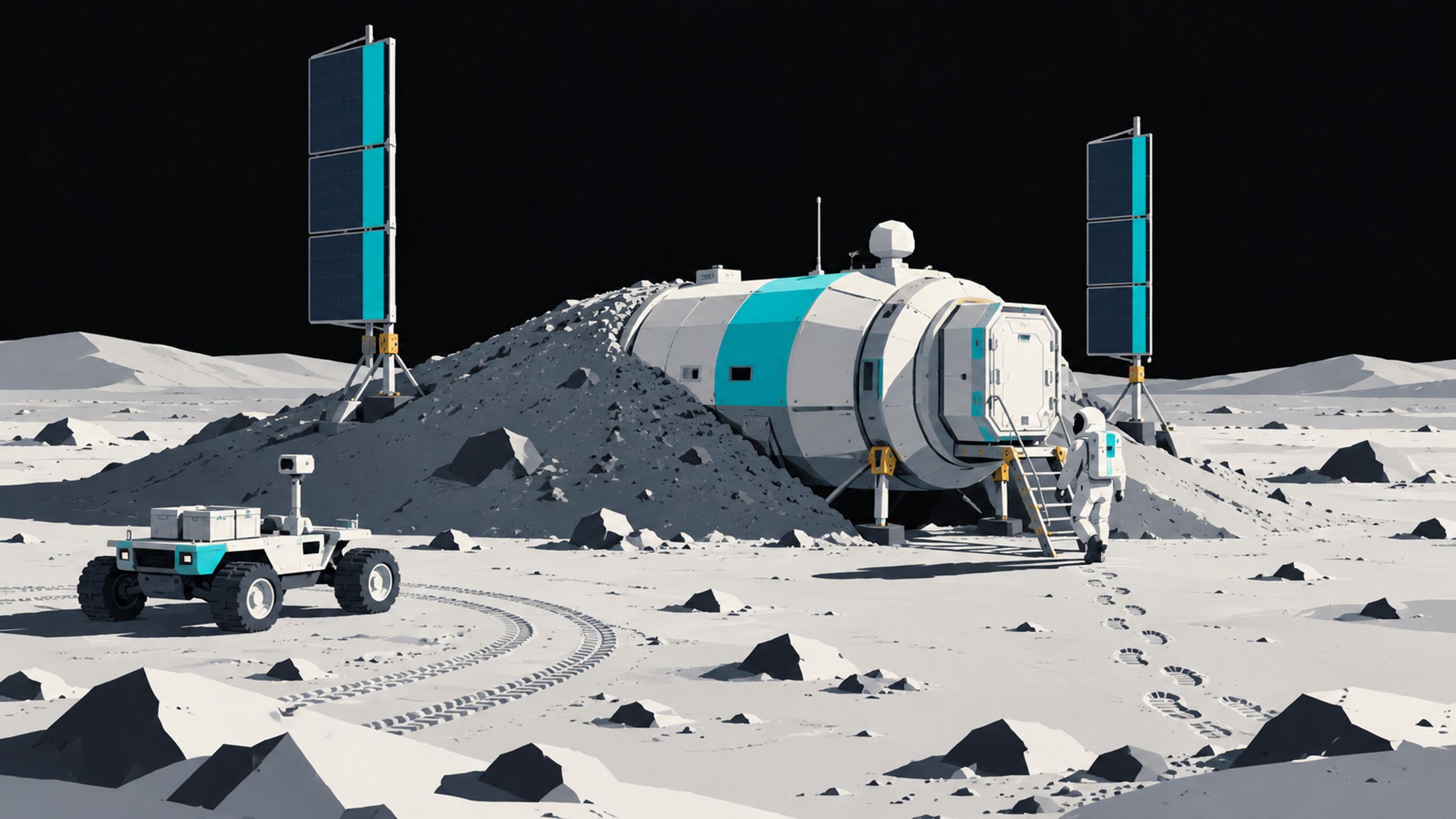 KI-Illustration: Eine schematische Unterkunft auf dem Mond; Zukunftsillustration, keine bereits gebaute Mondbasis.