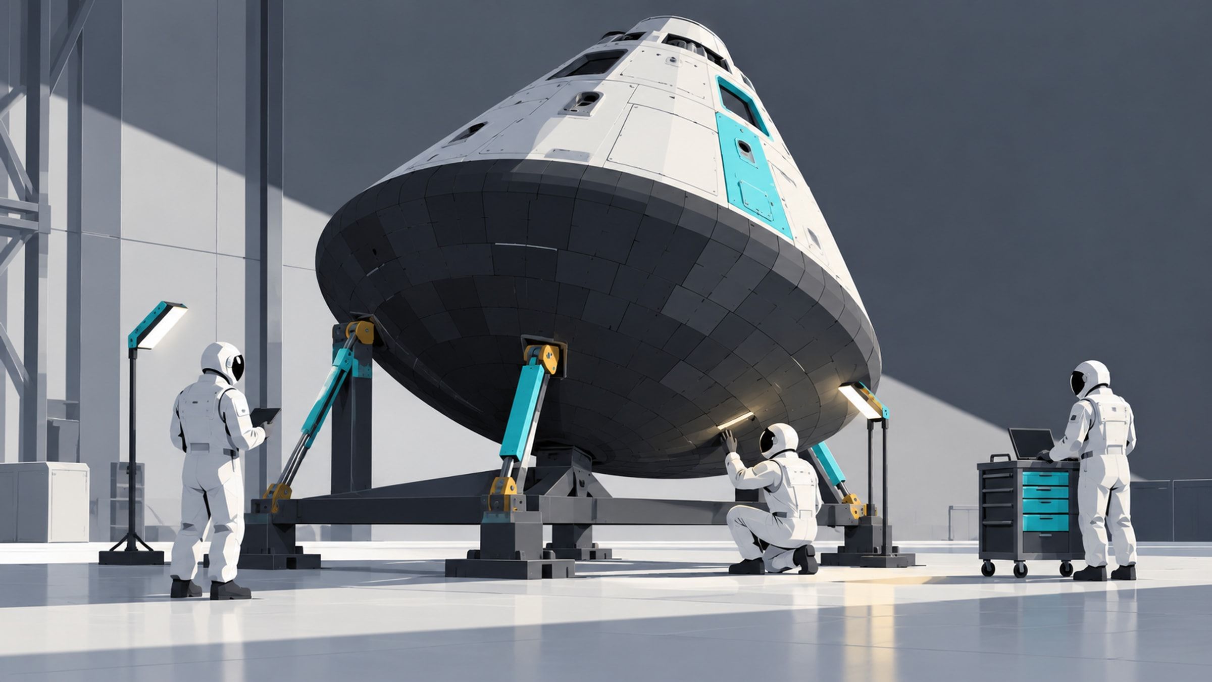KI-Illustration: Eine konische Raumkapsel steht mit sichtbarem dunklem Hitzeschild auf einer Halterung; Personen in Schutzkleidung prüfen sie. Symbolbild, keine Dokumentation eines Flugzustands.