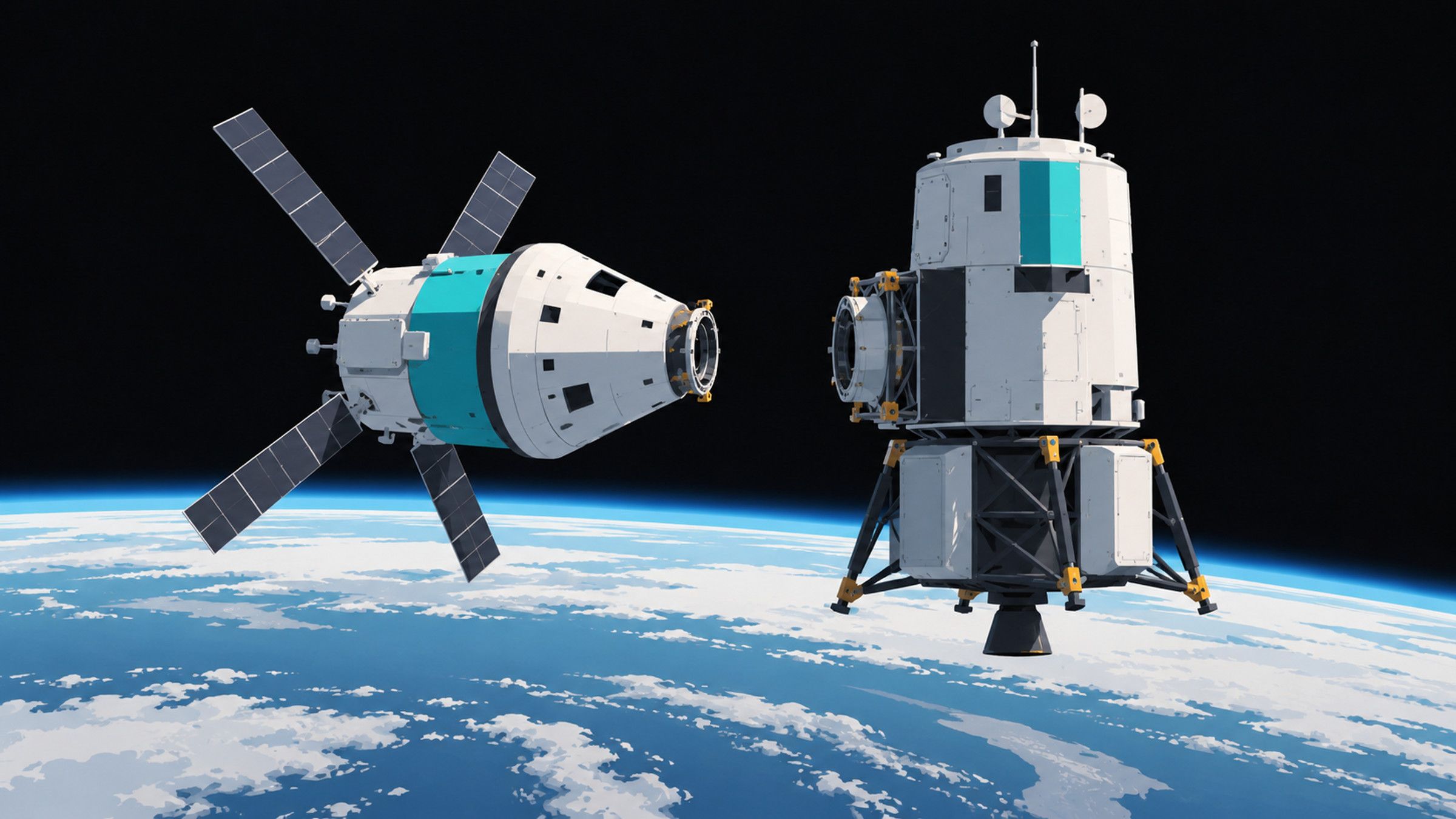 KI-Illustration: Eine Orion-Kapsel nähert sich einem schematischen Lander über der Erde; keine maßstabsgetreue Darstellung der Testfahrzeuge.
