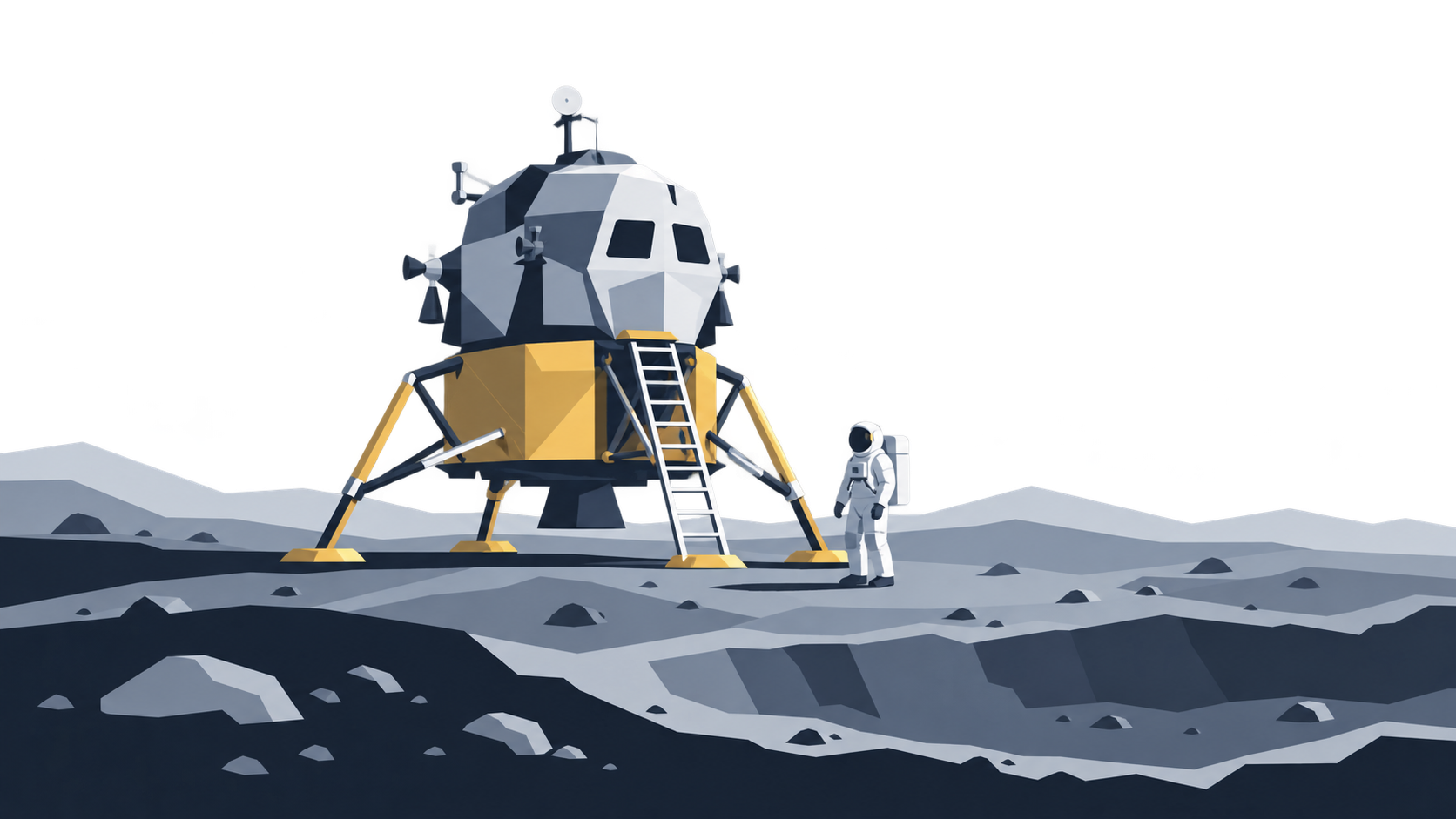 KI-Illustration: Apollo-Landefähre und ein Astronaut auf dem Mond; symbolische historische Illustration.