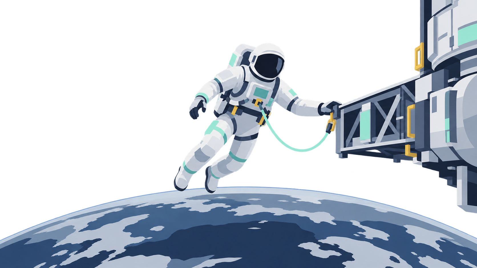 KI-Illustration: Ein gesicherter Astronaut an einem Stationsausleger über dem schematischen Erdrand.