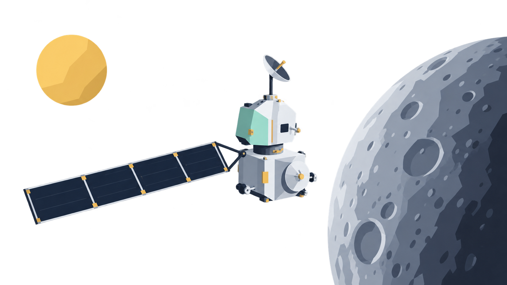 KI-Illustration: Eine schematische gestapelte Raumsonde mit langem Solarflügel beim Planeten Merkur.