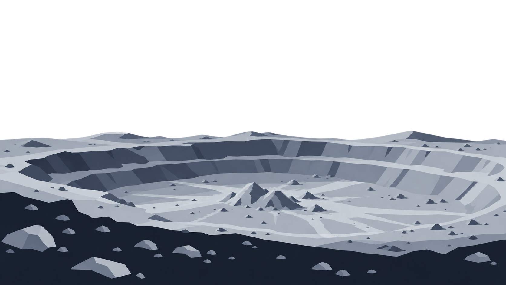 KI-Illustration: Schematischer terrassierter Einschlagkrater mit Zentralbergen und hellen Auswurfstrahlen.