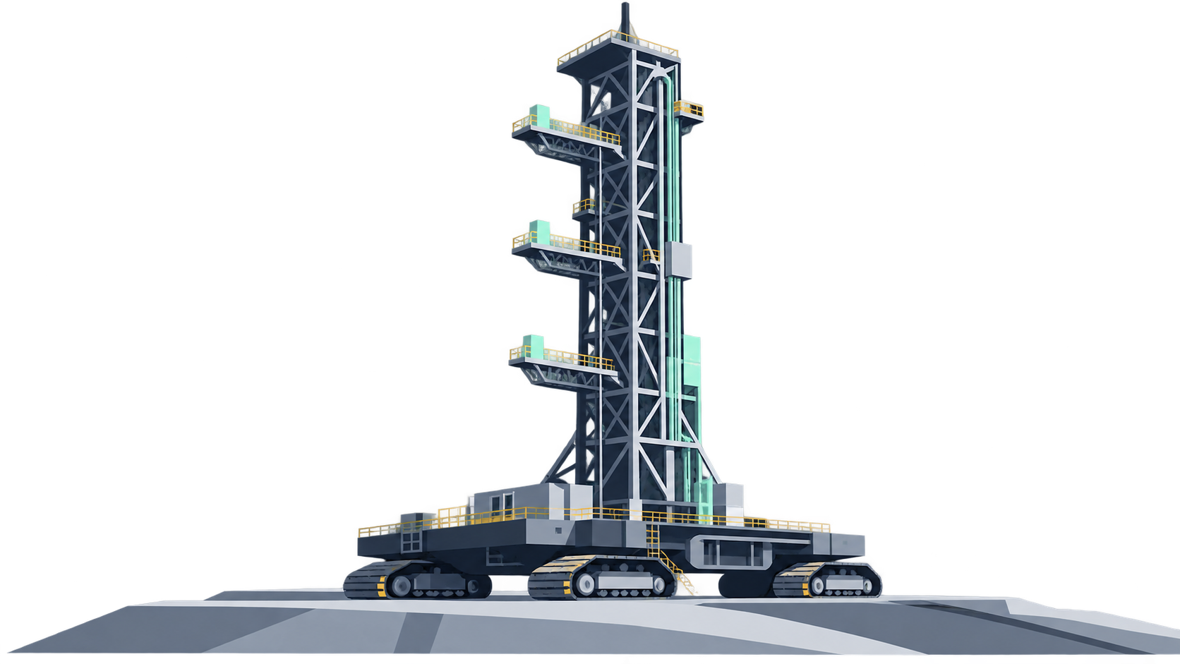 KI-Illustration: Ein mobiler Startturm auf einem Raupentransporter, schematisch und freigestellt.