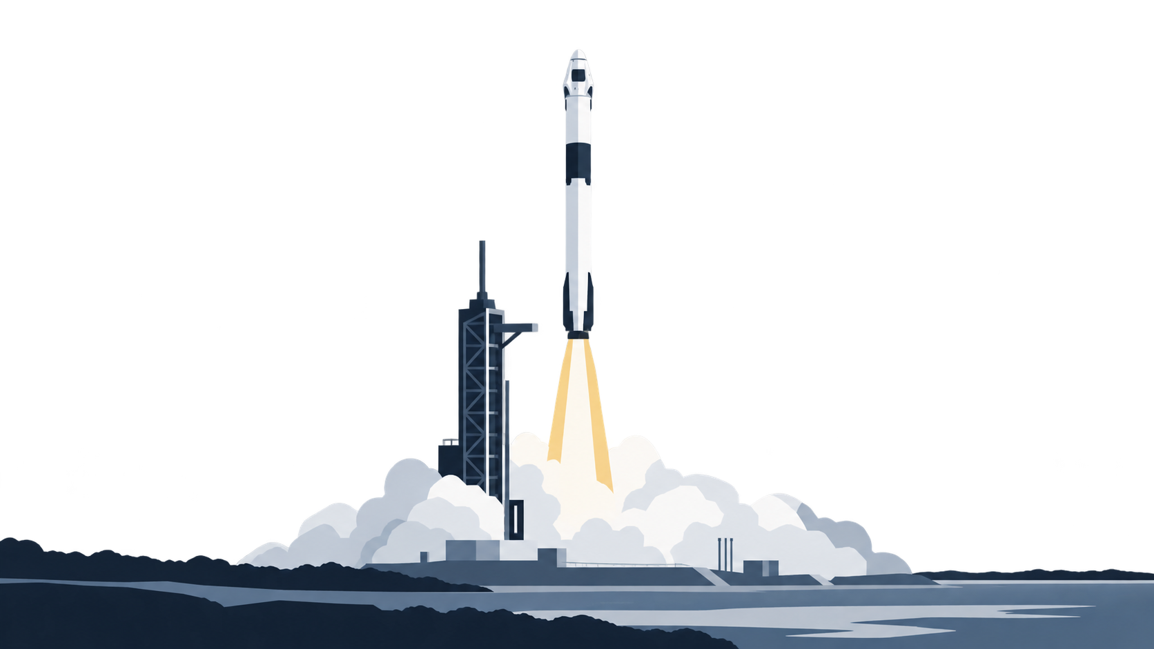 KI-Illustration: Eine zweistufige Rakete mit kleiner bemannter Kapsel beim Start; symbolische Darstellung.