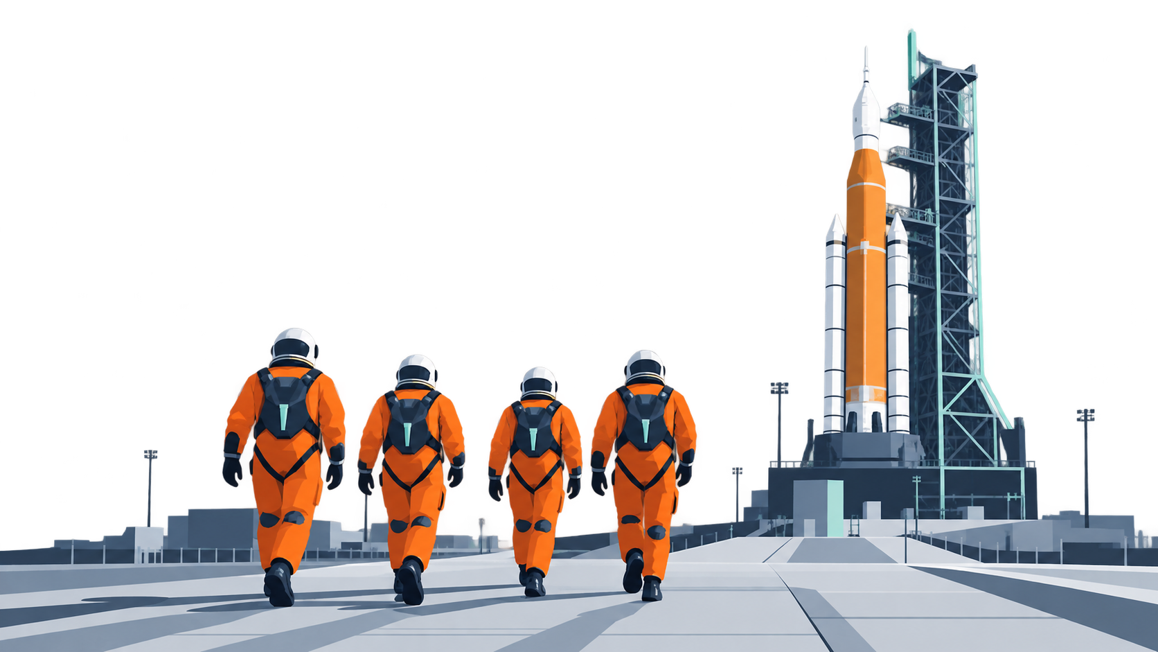 KI-Illustration: Vier anonyme Personen in Startanzügen gehen zu einer Rakete auf der Erde; kein Crewporträt.