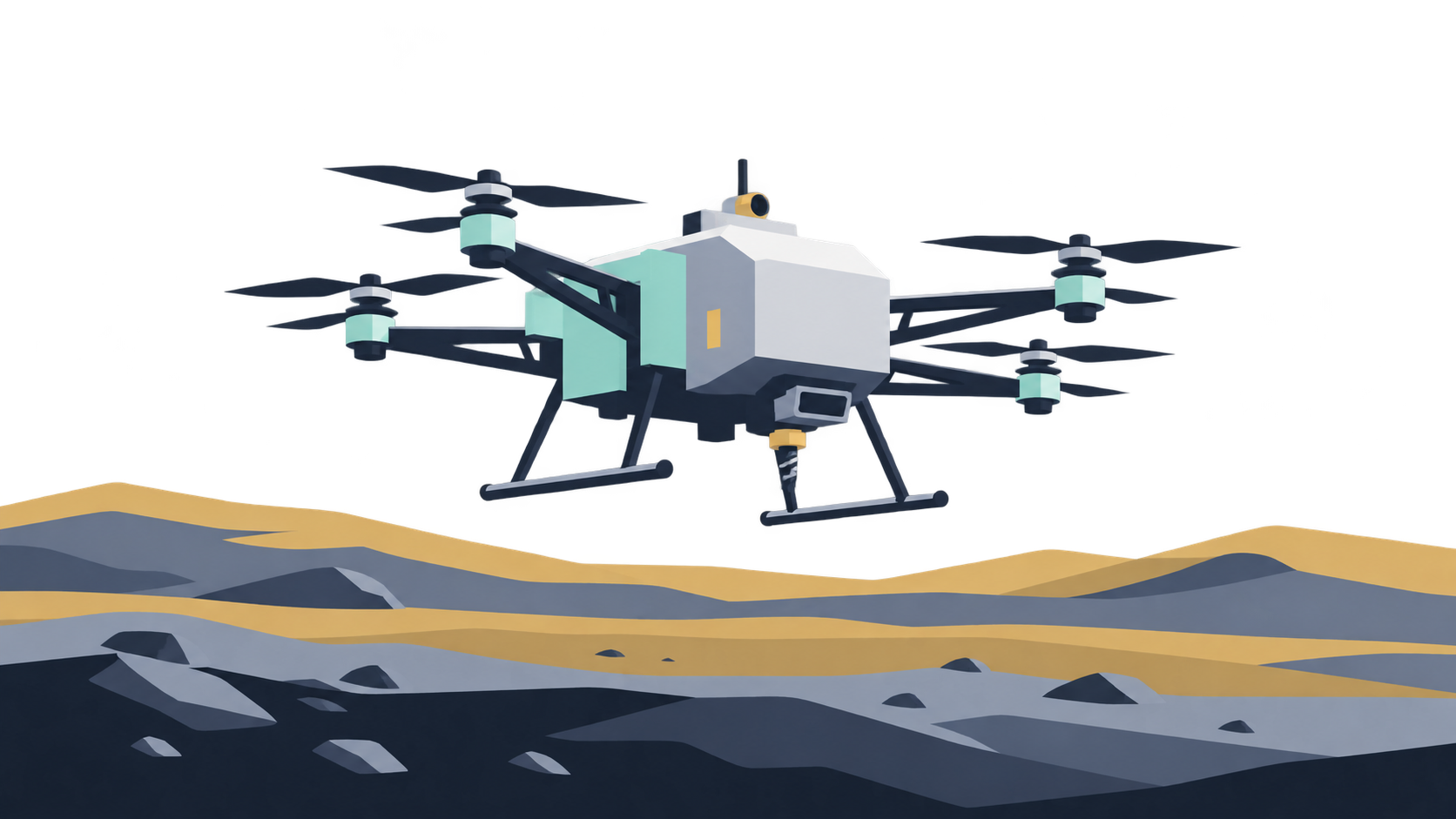 KI-Illustration: Eine schematische Rotorflugsonde mit vier Doppelrotoren über Dünen des Titan.