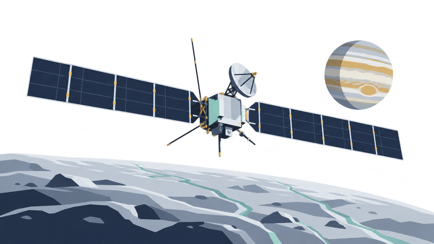 KI-Illustration: Eine schematische Sonde mit langen Solarflügeln über dem Eismond Europa, dahinter Jupiter.