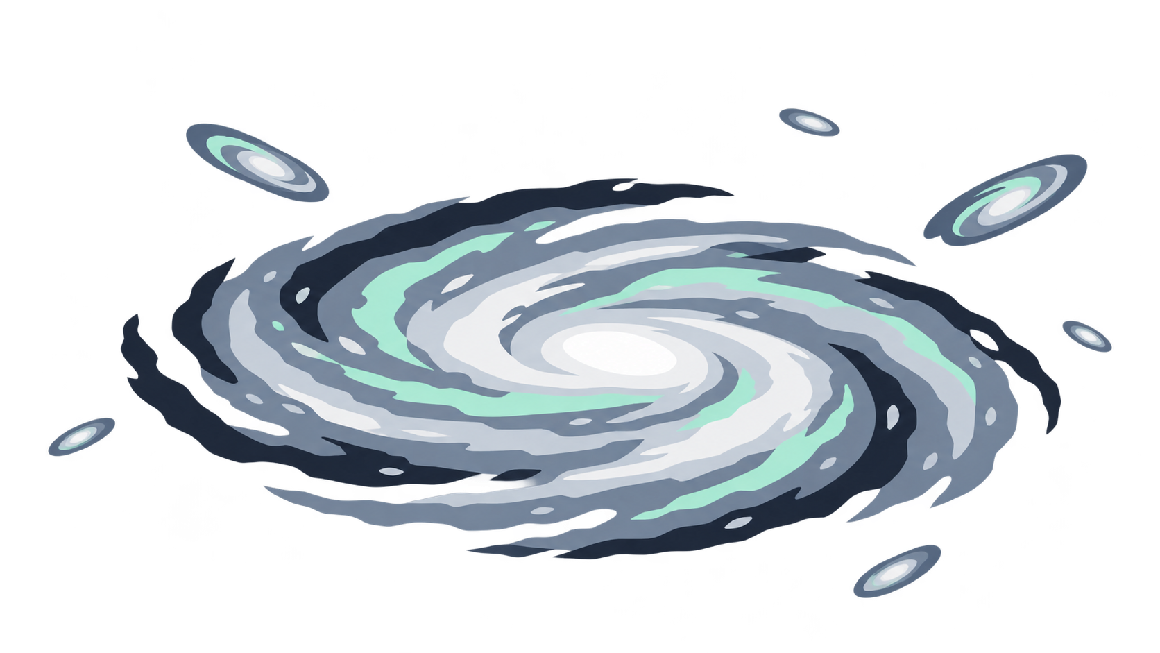 KI-Illustration: Schematische Spiralgalaxie mit wenigen kleinen Galaxienformen im Hintergrund.