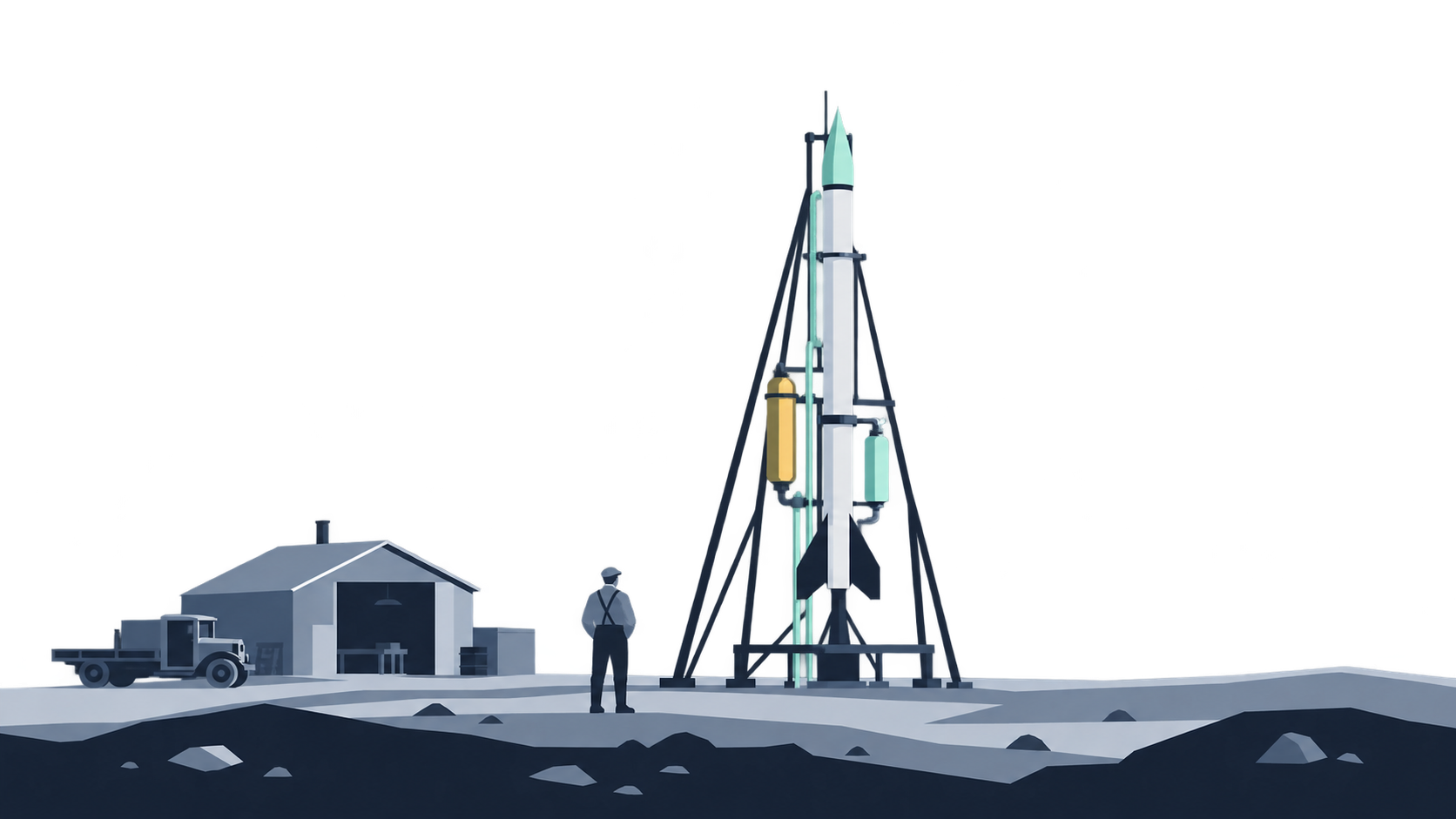 KI-Illustration: Eine frühe Flüssigkeitsrakete in einem Rohrgestell; historische Symbolszene ohne Personenporträt.