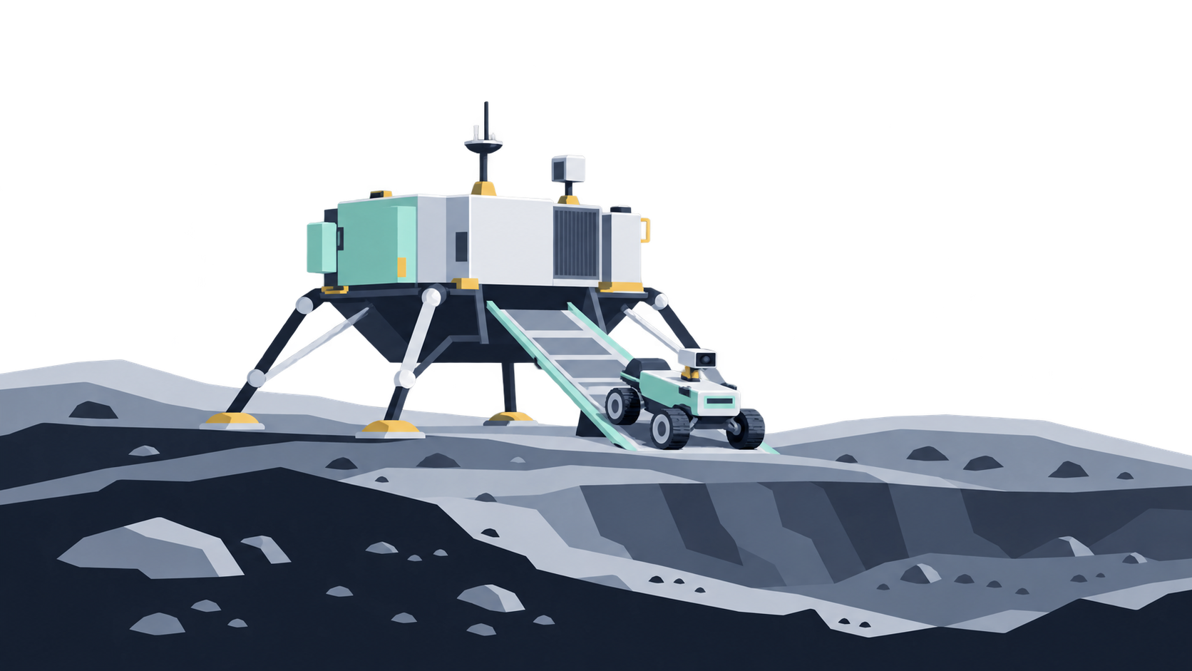 KI-Illustration: Konzept eines flachen robotischen Landers mit kleinem Rover auf einer Rampe.