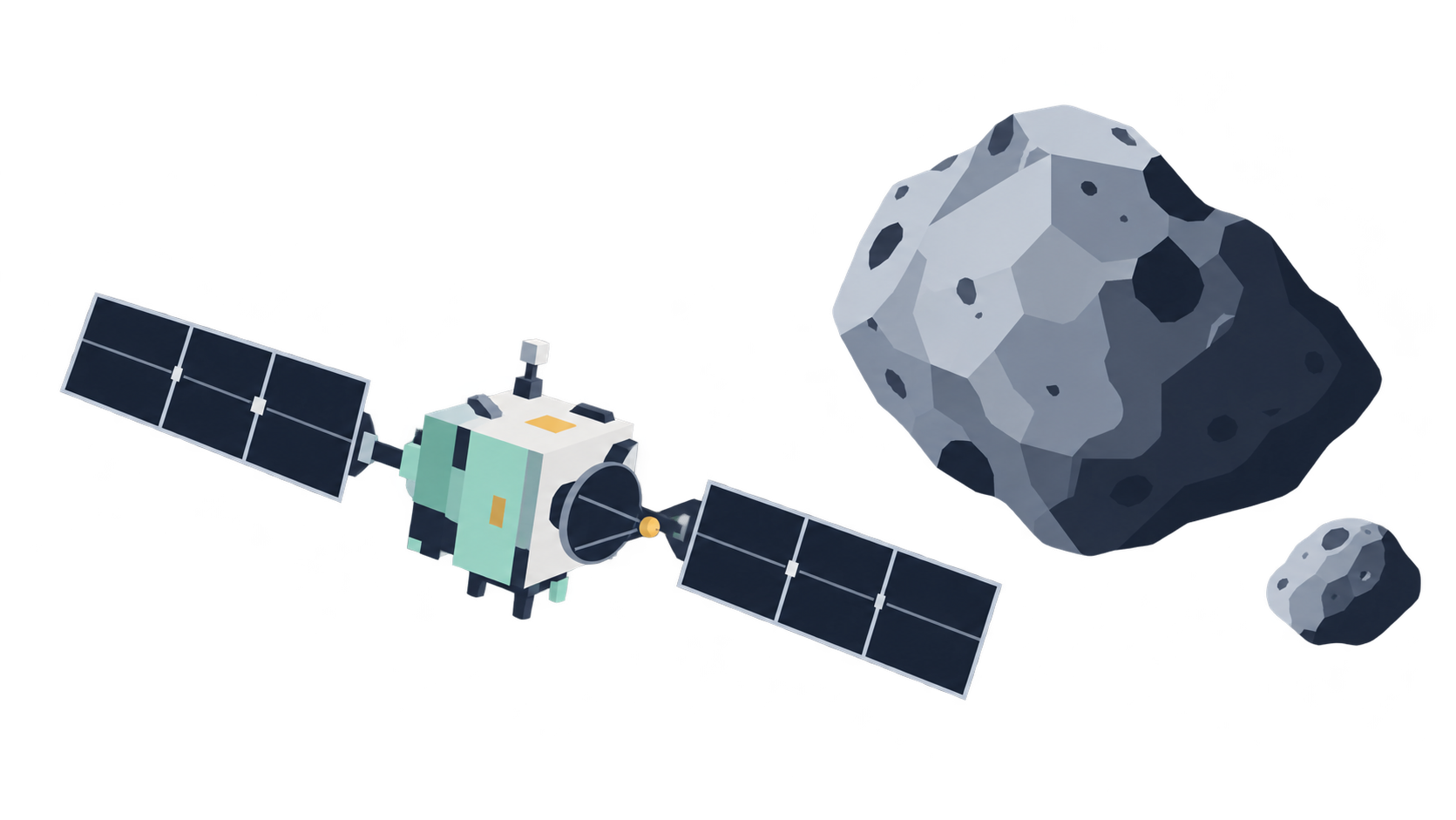 KI-Illustration: Eine schematische Sonde mit zwei Solarflügeln bei einem großen Asteroiden und seinem kleinen Begleiter.
