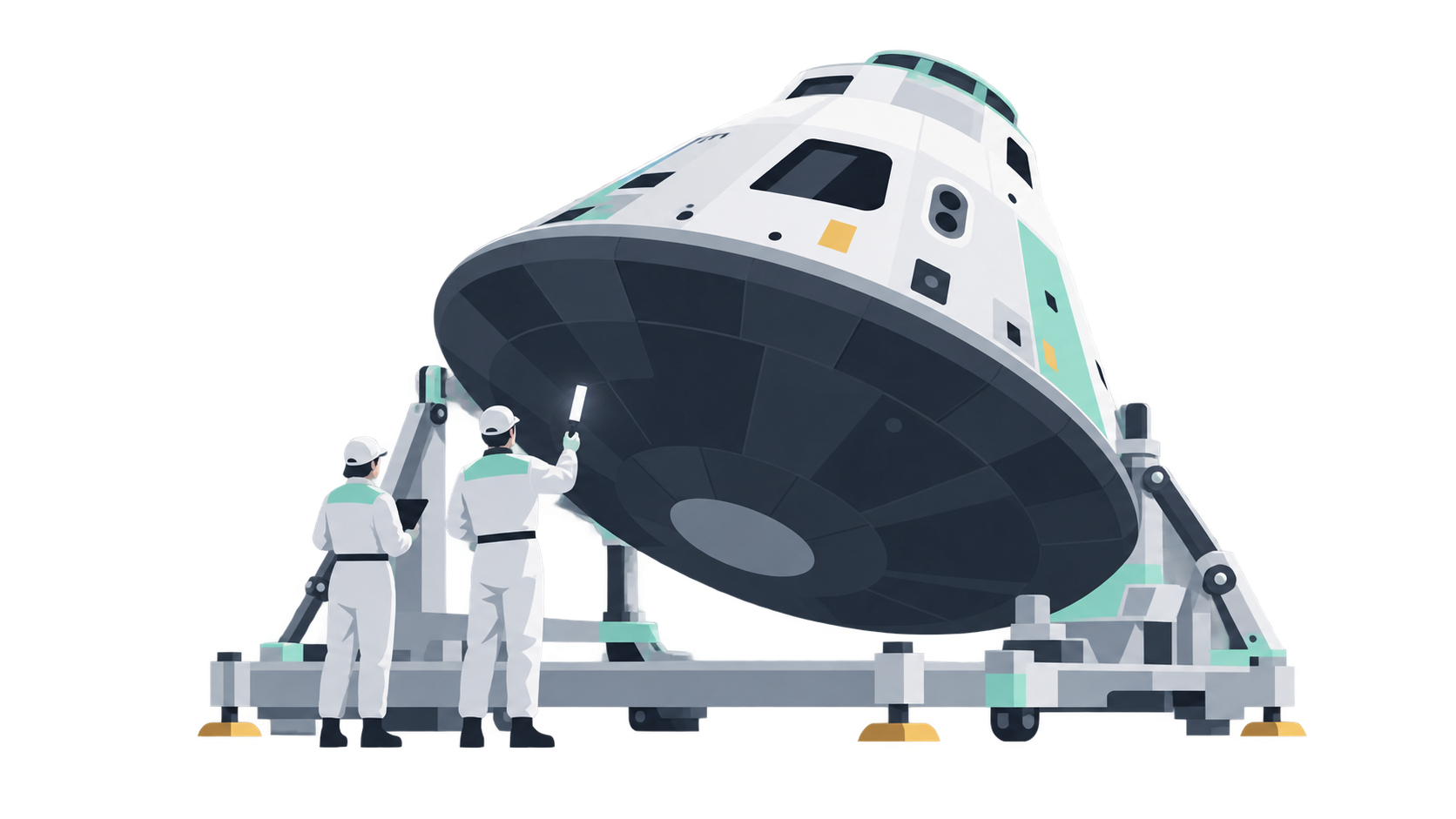 KI-Illustration: Eine Orion-Kapsel mit sichtbarem Hitzeschild in einer schematischen Prüfhalle; keine Darstellung gemessener Schäden.