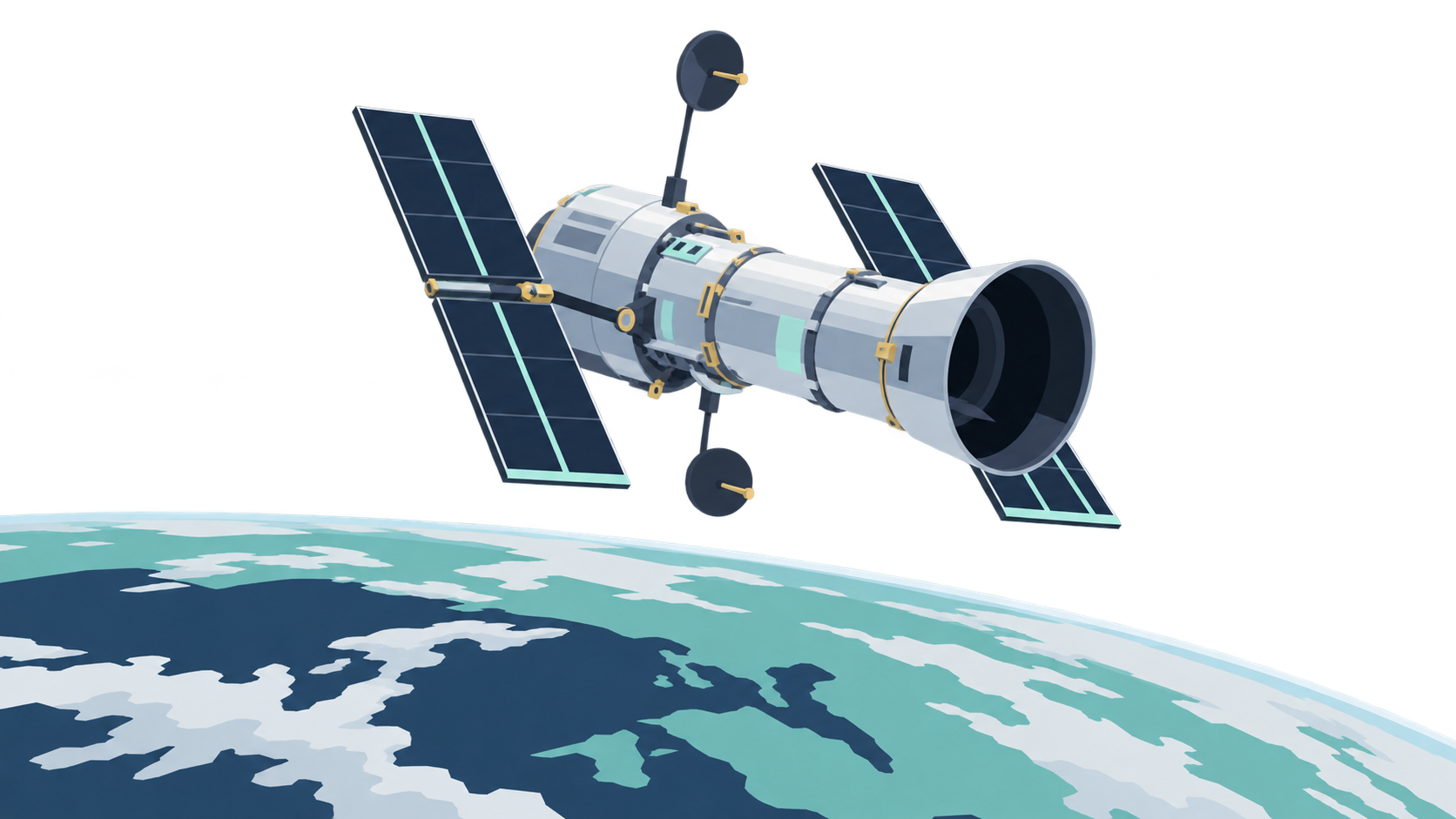 KI-Illustration: Ein zylindrisches Weltraumteleskop mit zwei Solarflächen über dem Erdrand.