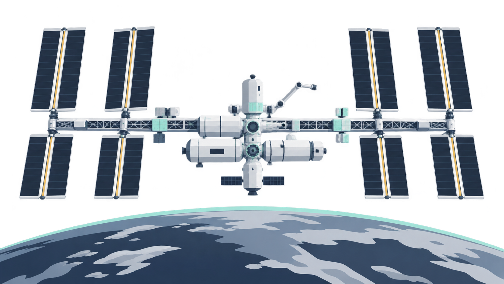 KI-Illustration: Eine große modulare Raumstation mit langen Auslegern und mehreren Solarflächen über der Erde.