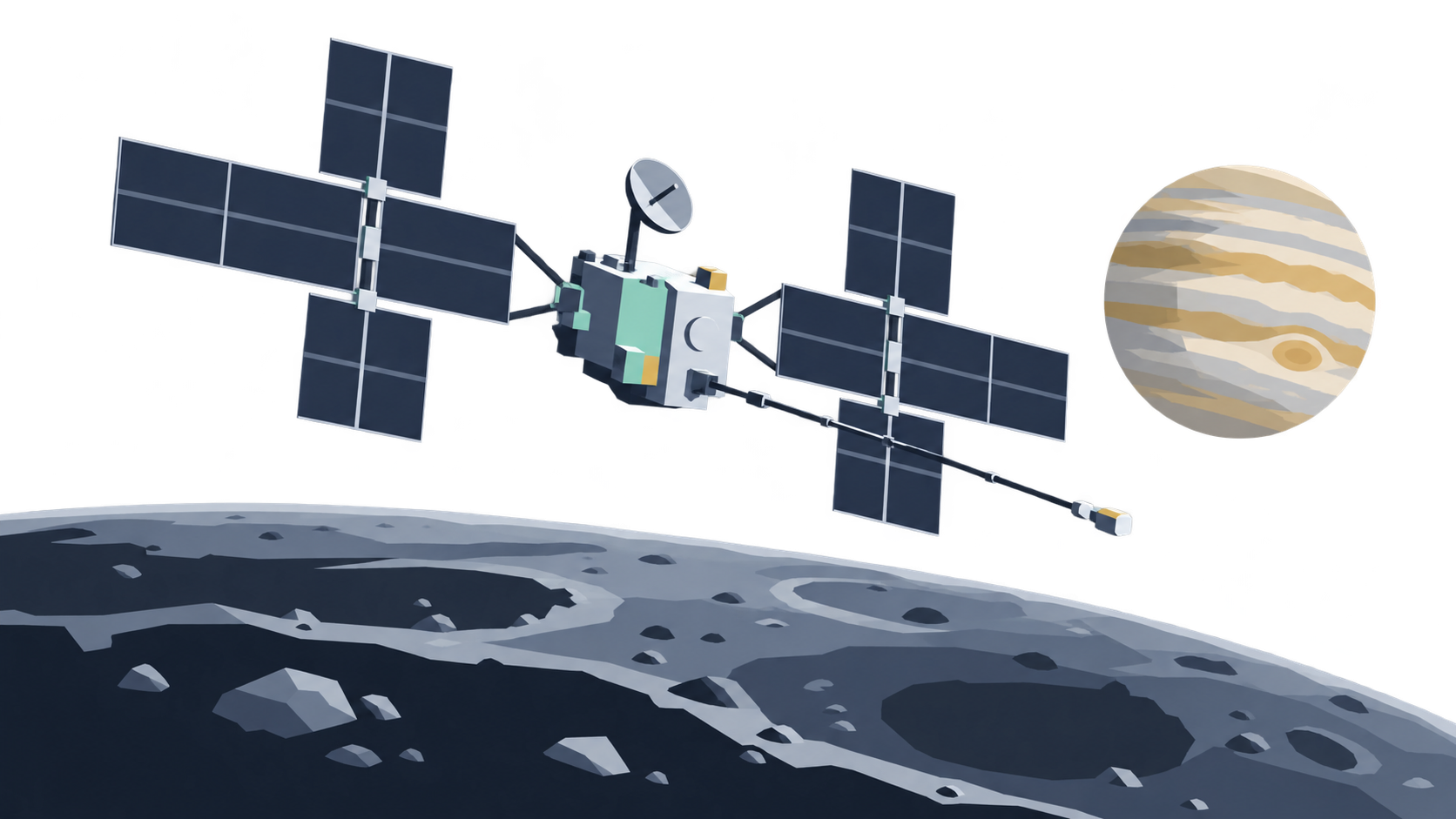 KI-Illustration: Eine schematische Raumsonde mit kreuzförmigen Solarflächen bei einem Jupitermond.