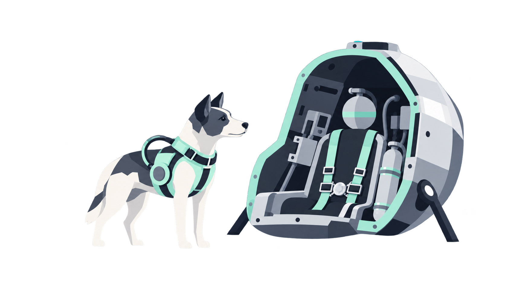 KI-Illustration: Ein kleiner Hund neben einer schematischen frühen Raumkapsel; symbolische Darstellung von Laika.