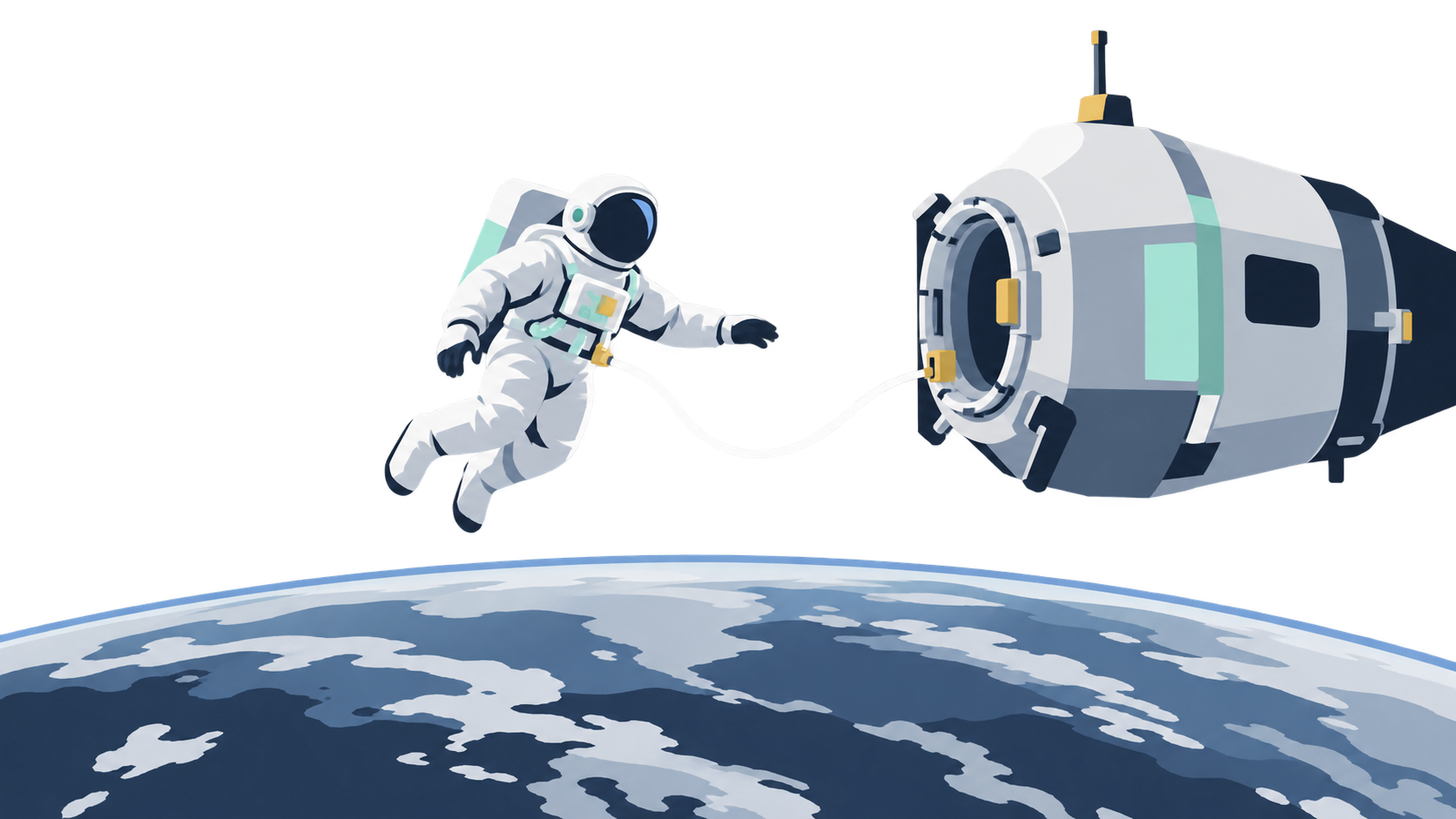 KI-Illustration: Ein gesicherter Astronaut an einer frühen Raumfahrzeugschleuse über der Erde; historische Symbolszene.
