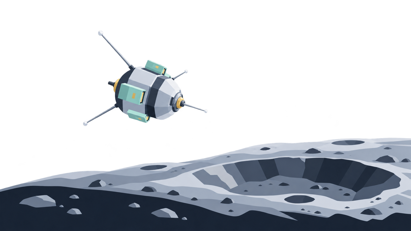 KI-Illustration: Eine frühe Mondsonde vor der schematisch dargestellten Mondrückseite; keine historische Aufnahme.