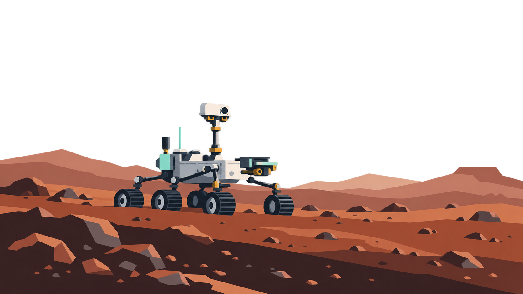 KI-Illustration: Symbolische Marslandschaft mit geschichteten Hügelzügen und kantigen Steinen.