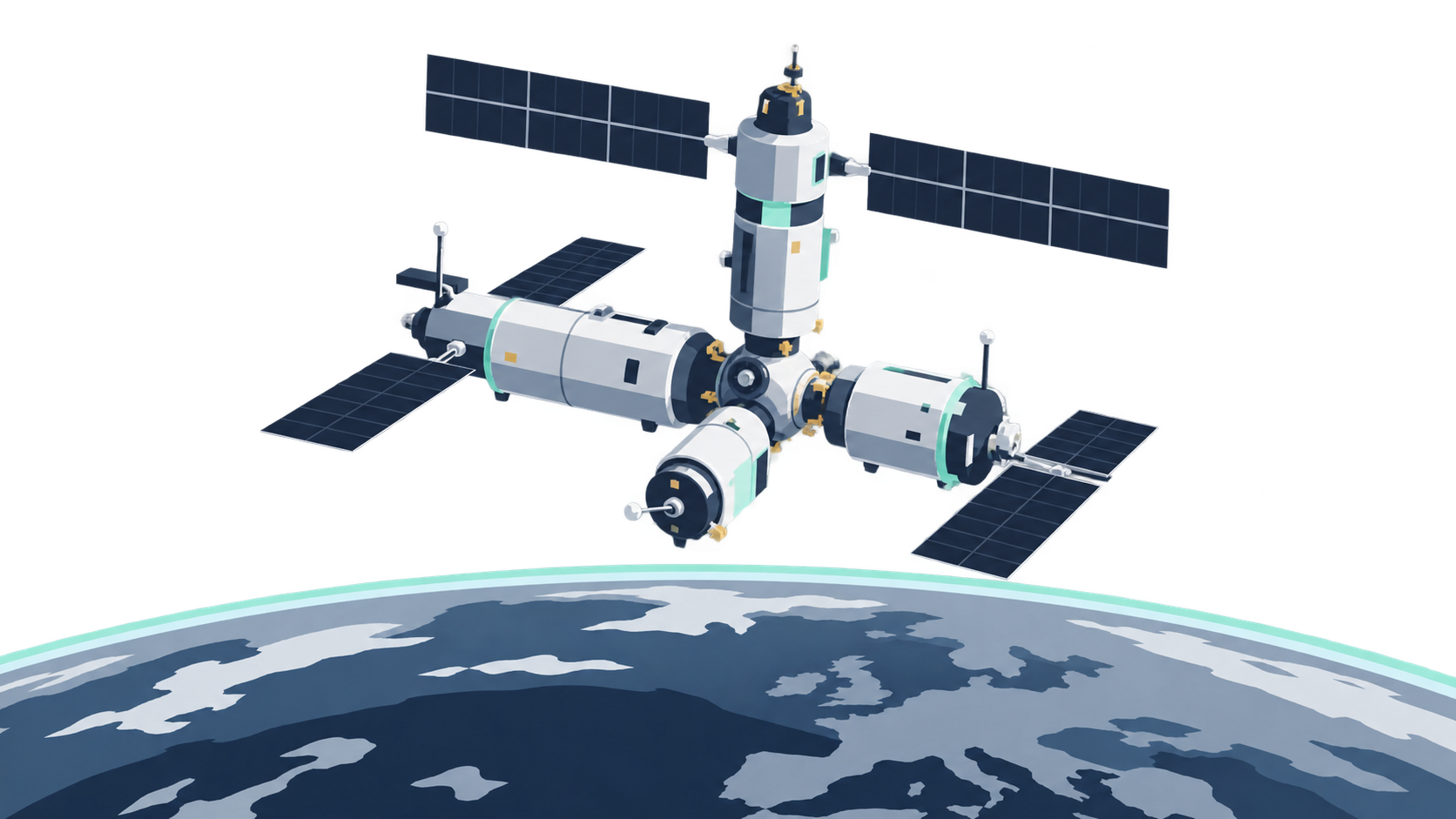 KI-Illustration: Eine kompakte historische Raumstation aus mehreren Modulen und unterschiedlich ausgerichteten Solarflächen.
