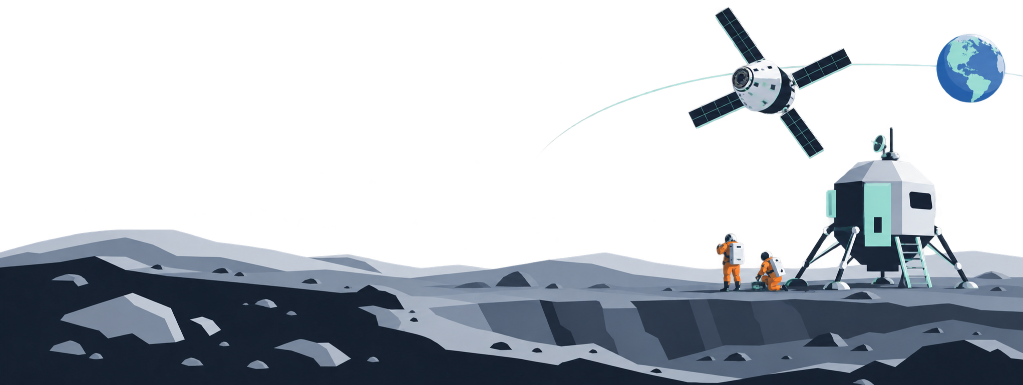 KI-Illustration: Symbolisches Panorama aus Mondlander, Orion und Erde; keine maßstabsgetreue Flugbahn.