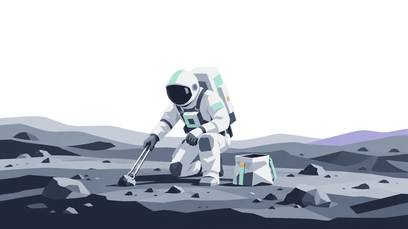 KI-Illustration: Ein Astronaut sammelt mit einer Zange Gestein auf einer gestaffelten Mondfläche; historische Symbolszene.