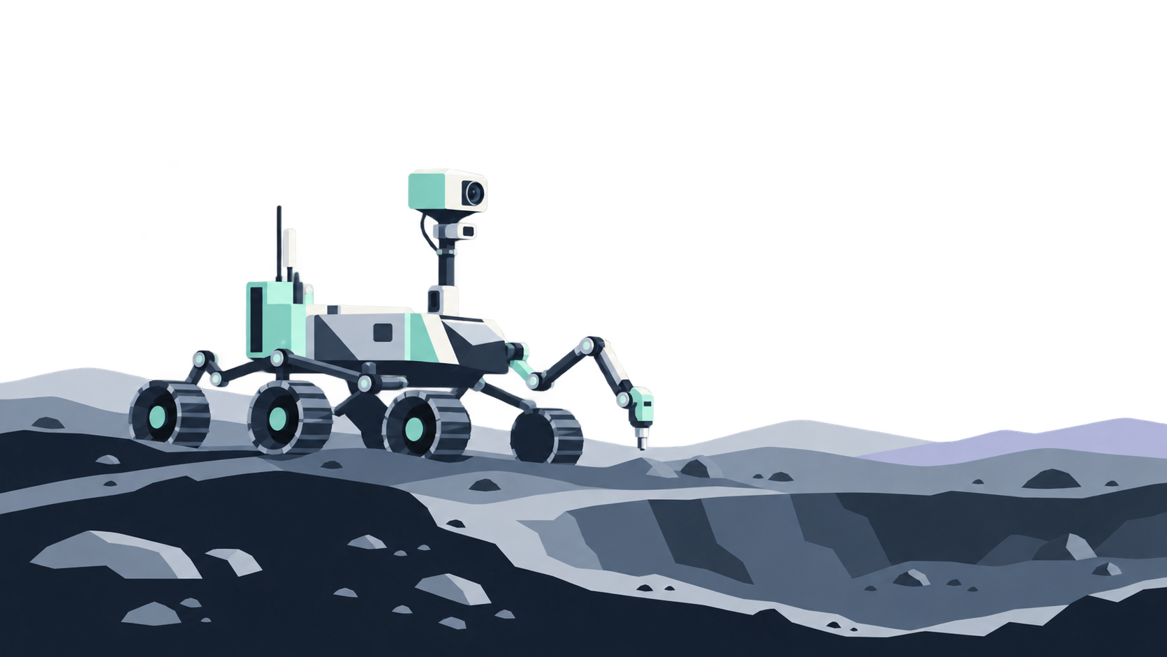 KI-Illustration: Robotischer Mondrover mit Kameramast und Probenarm auf gestaffeltem Gelände.