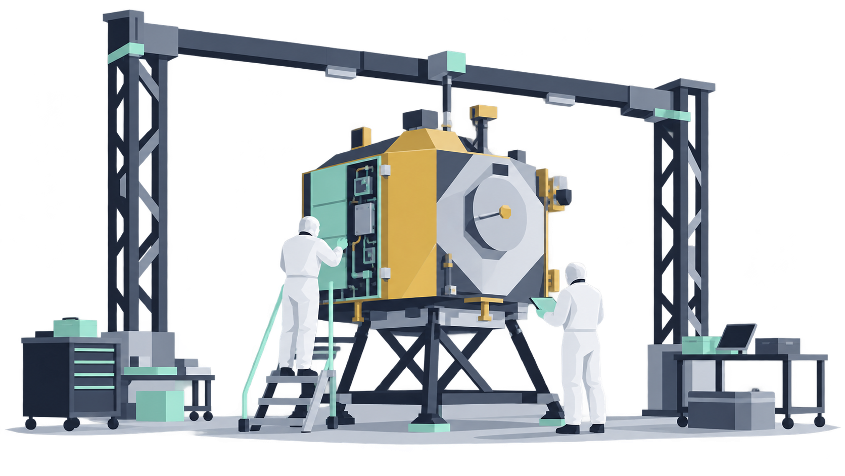 KI-Illustration: Zwei kleine Figuren arbeiten an einem Raumfahrzeug in einer schematischen Montagehalle.