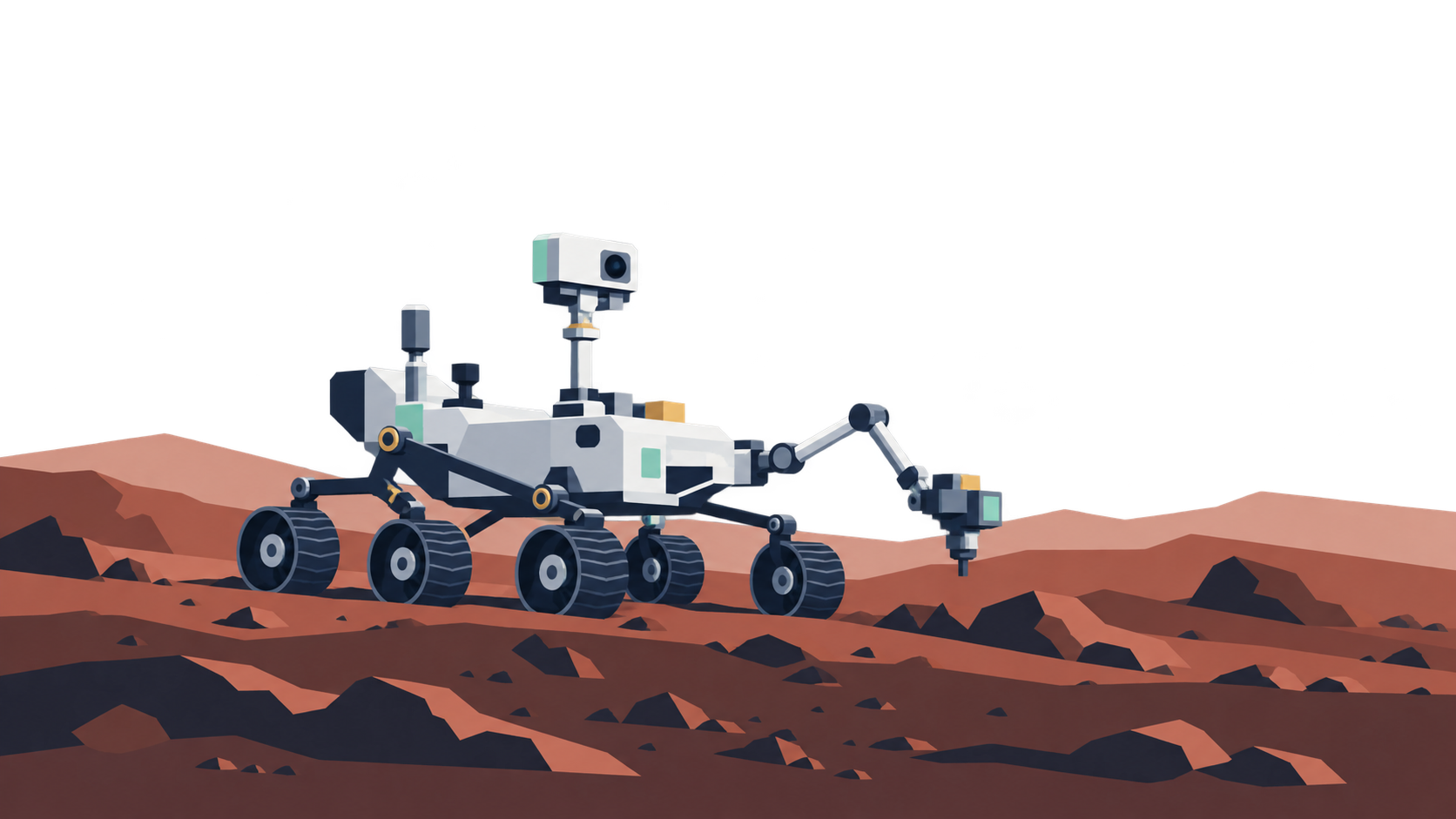 KI-Illustration: Ein sechsrädriger Marsrover mit Kameramast und Roboterarm auf vereinfachtem Marsgelände.