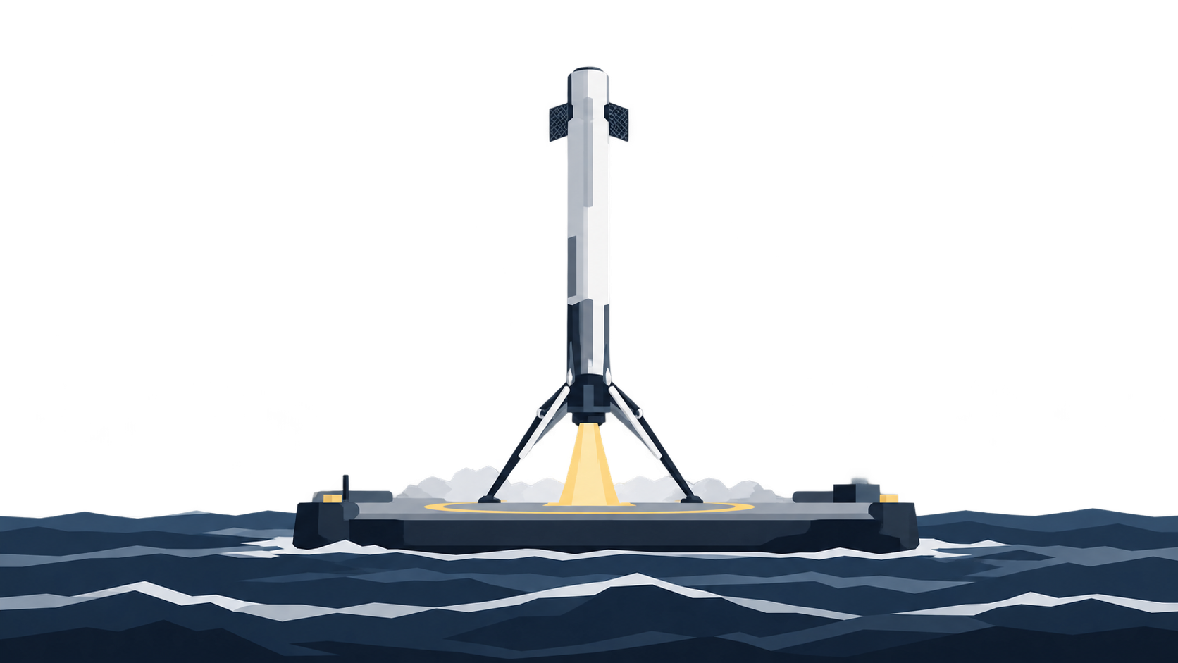 KI-Illustration: Eine schlanke Raketenstufe mit ausgeklappten Beinen landet auf einer Plattform im Meer.