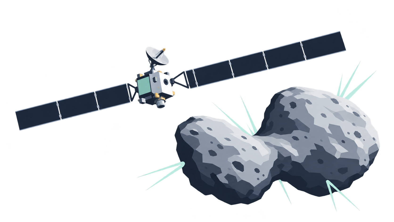 KI-Illustration: Eine Sonde mit langen Solarflügeln bei einem zweilappigen Kometen; schematisches Rosetta-Motiv.